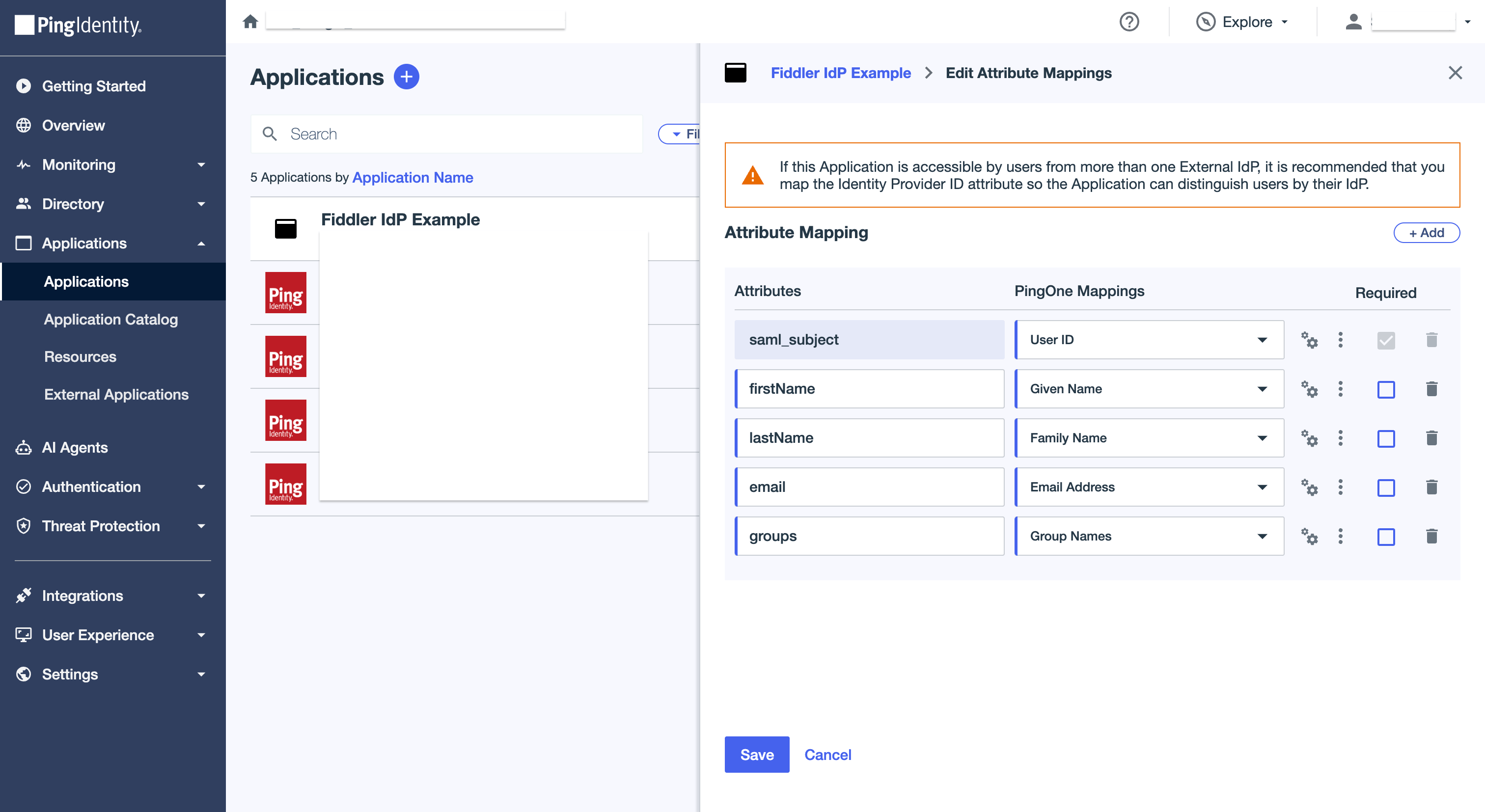 PingOne admin console SAML attribute mappings