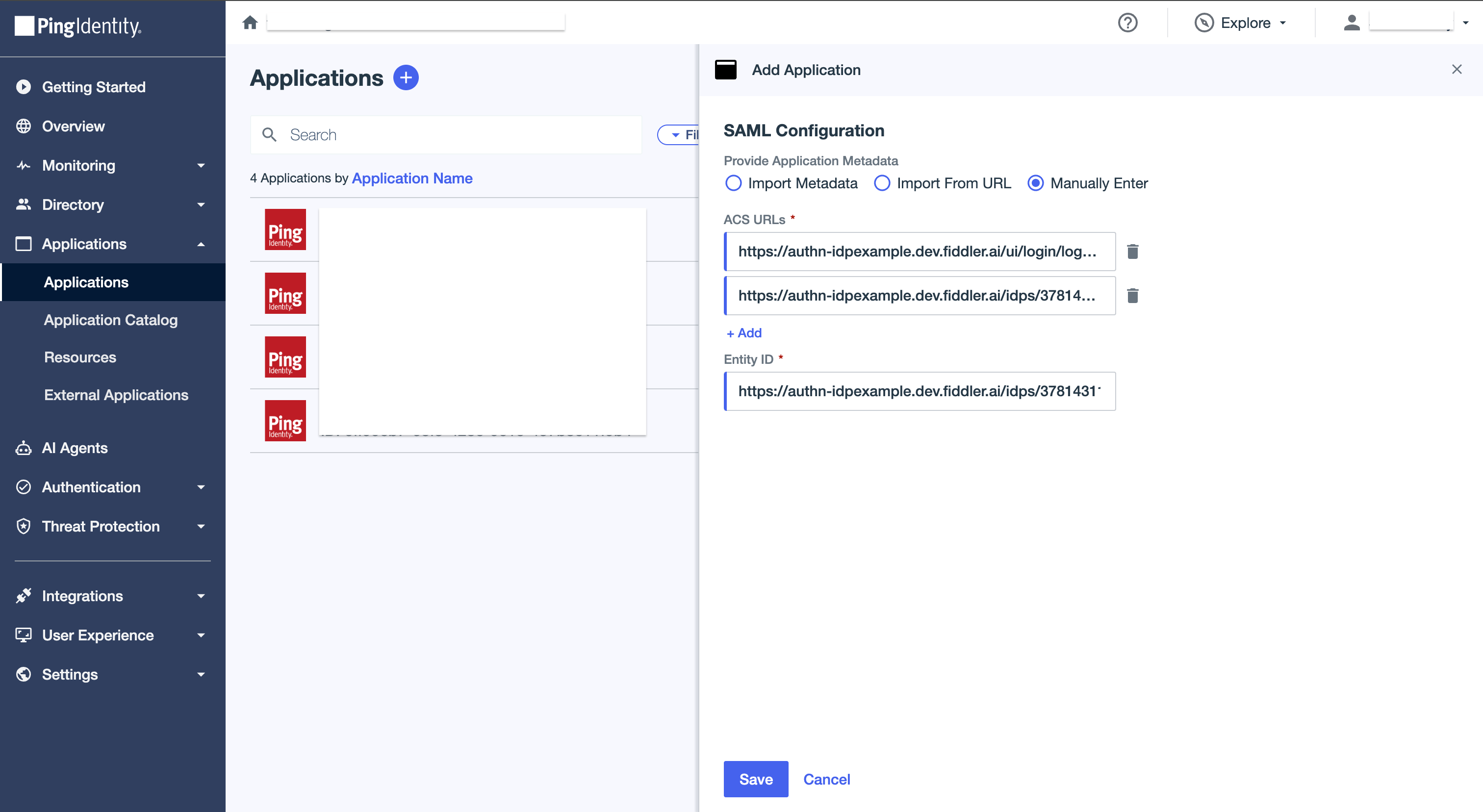 PingOne admin console SAML configuration