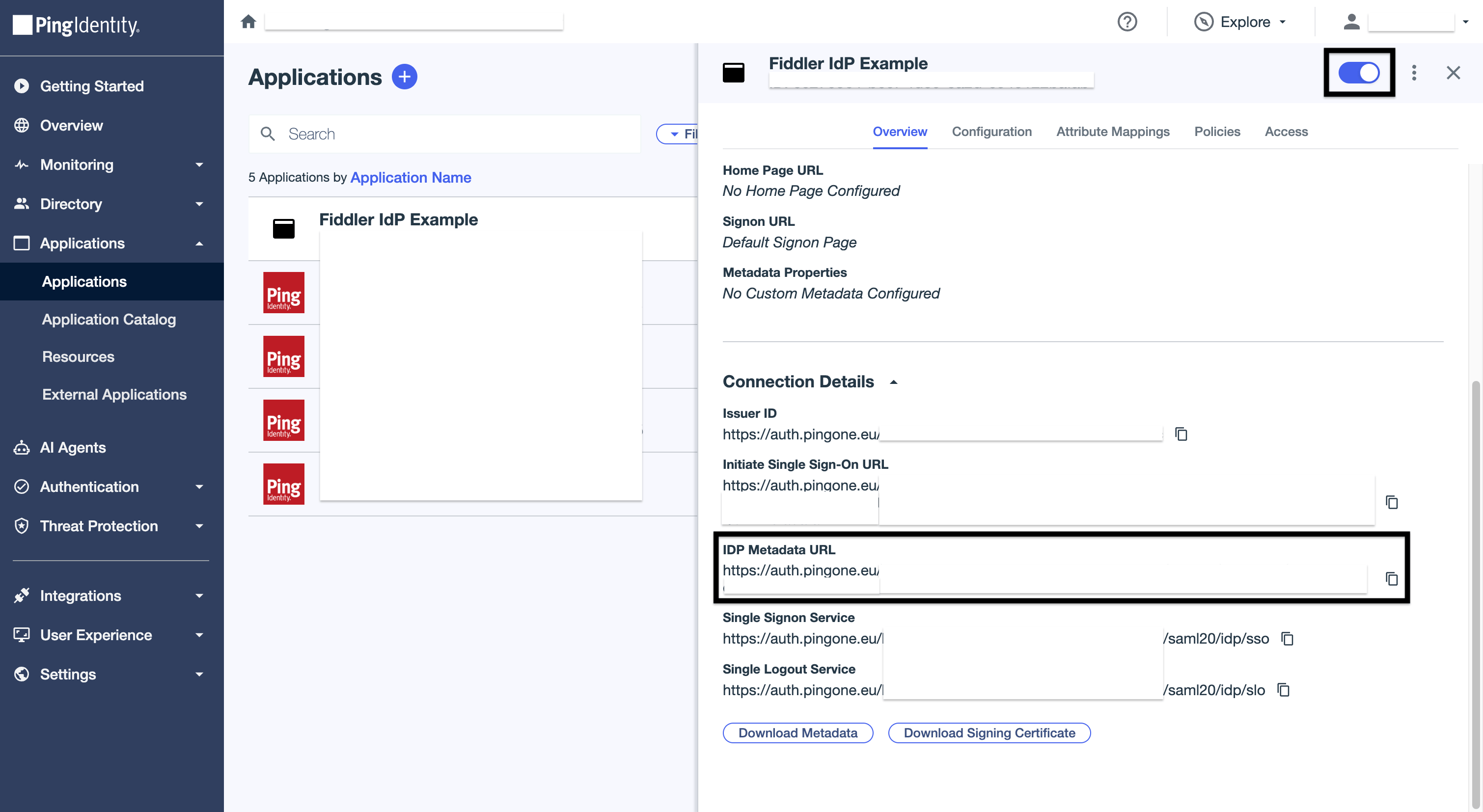 PingOne admin console application overview with IDP Metadata URL
