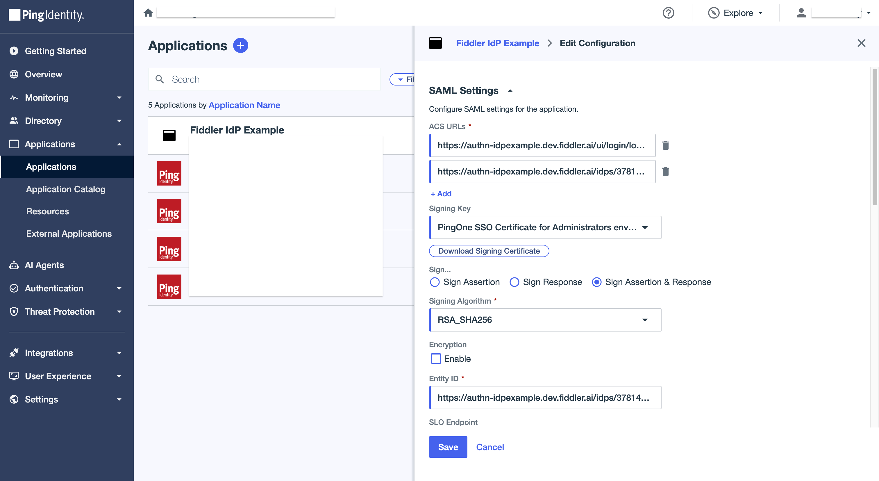 PingOne admin console sign assertion and response setting