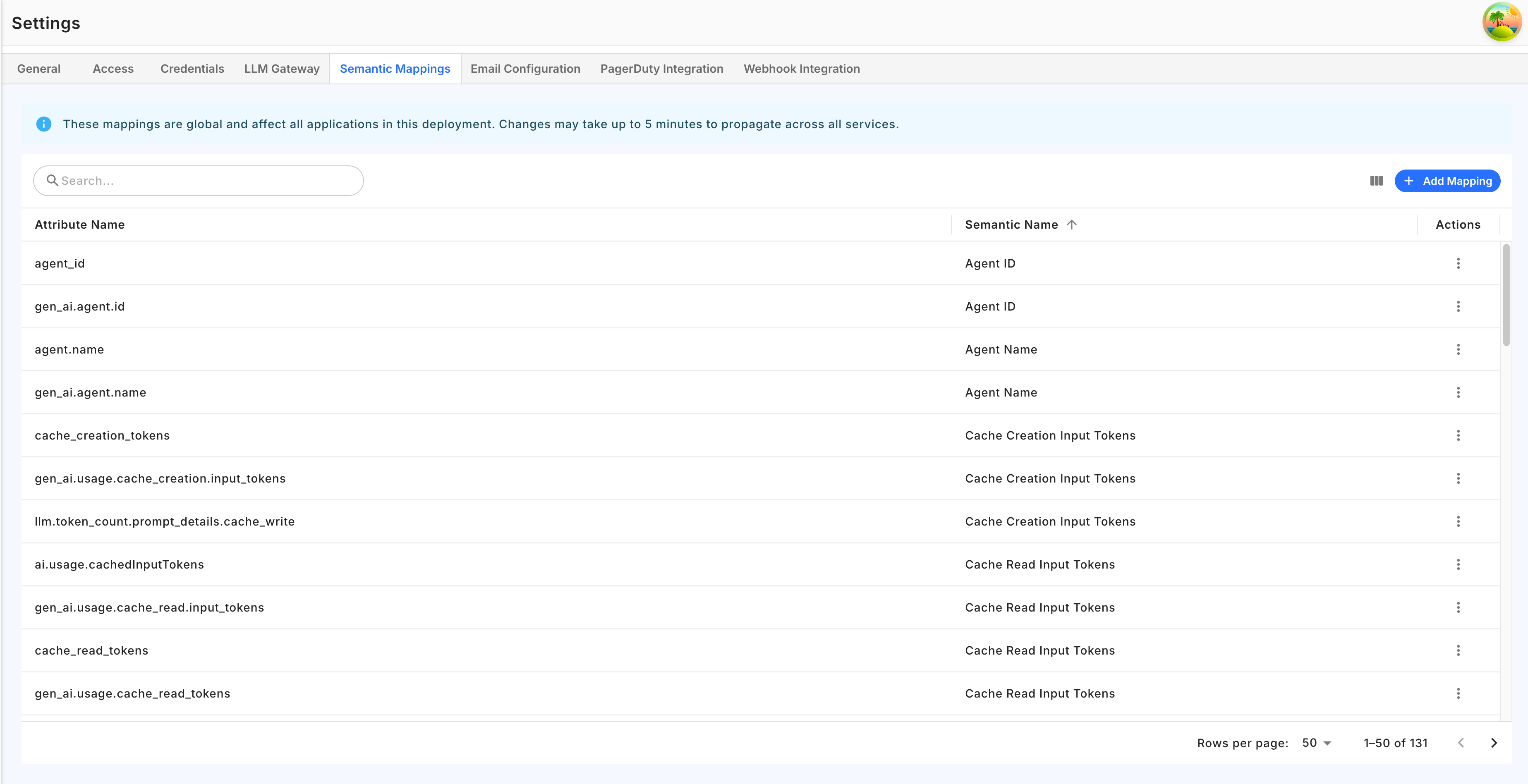Semantic Mappings tab showing attribute name to semantic name mappings
