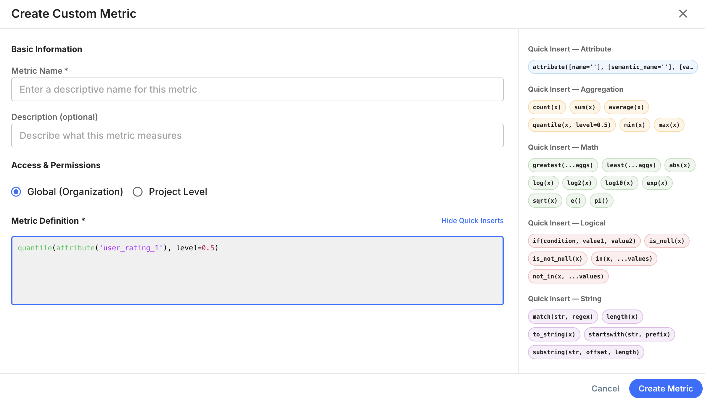 Custom metric creation form in the Fiddler UI
