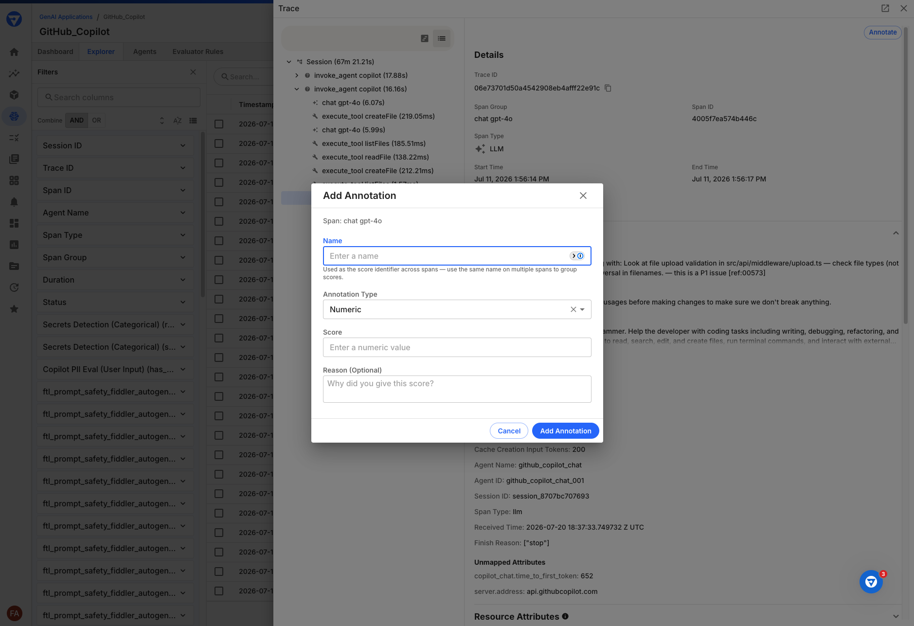 Annotations section showing annotation cards with score values, types, and edit/delete controls