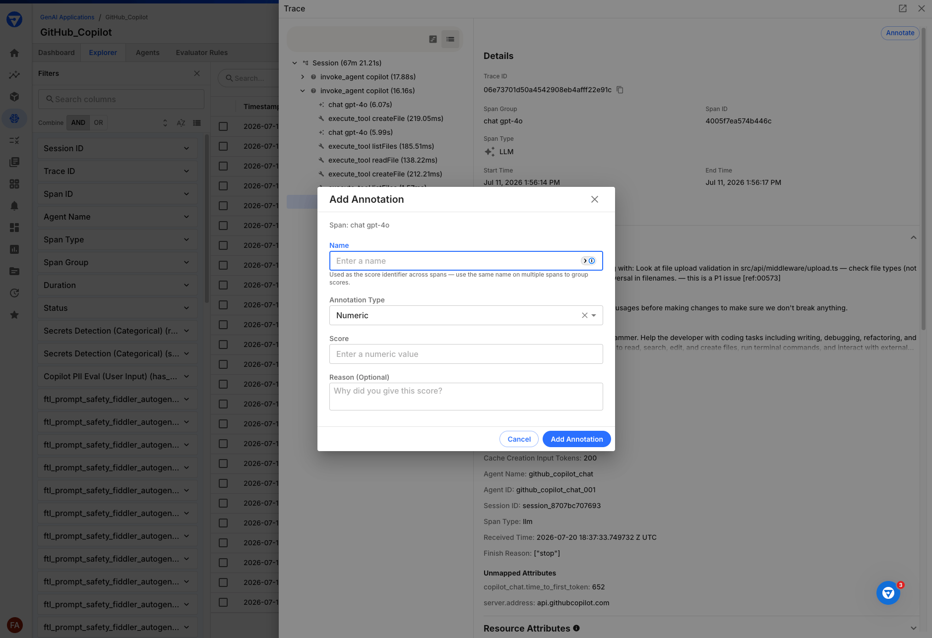 Annotations section showing annotation cards with score values, types, and edit/delete controls