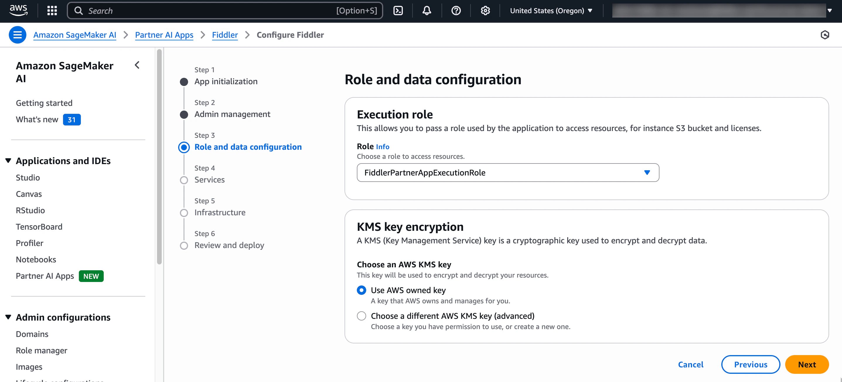 Step 3 of Fiddler Partner AI App provision and deploy wizard: select execution role