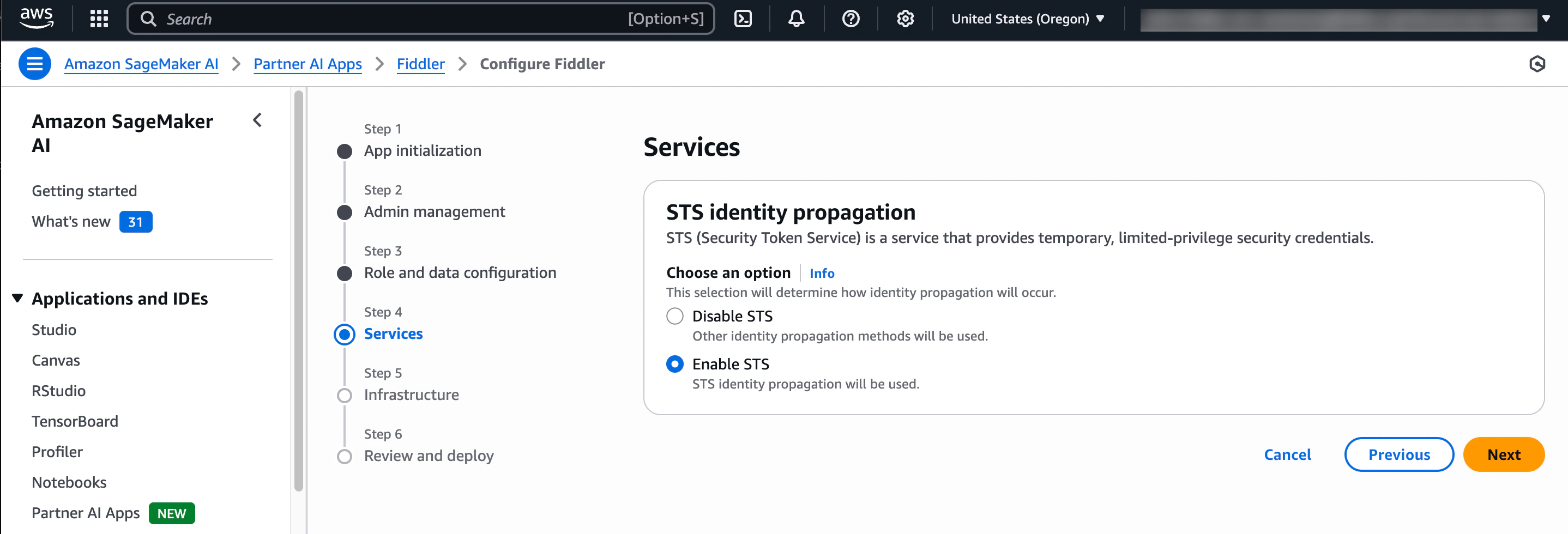 Step 4 of Fiddler Partner AI App provision and deploy wizard: STS identity option