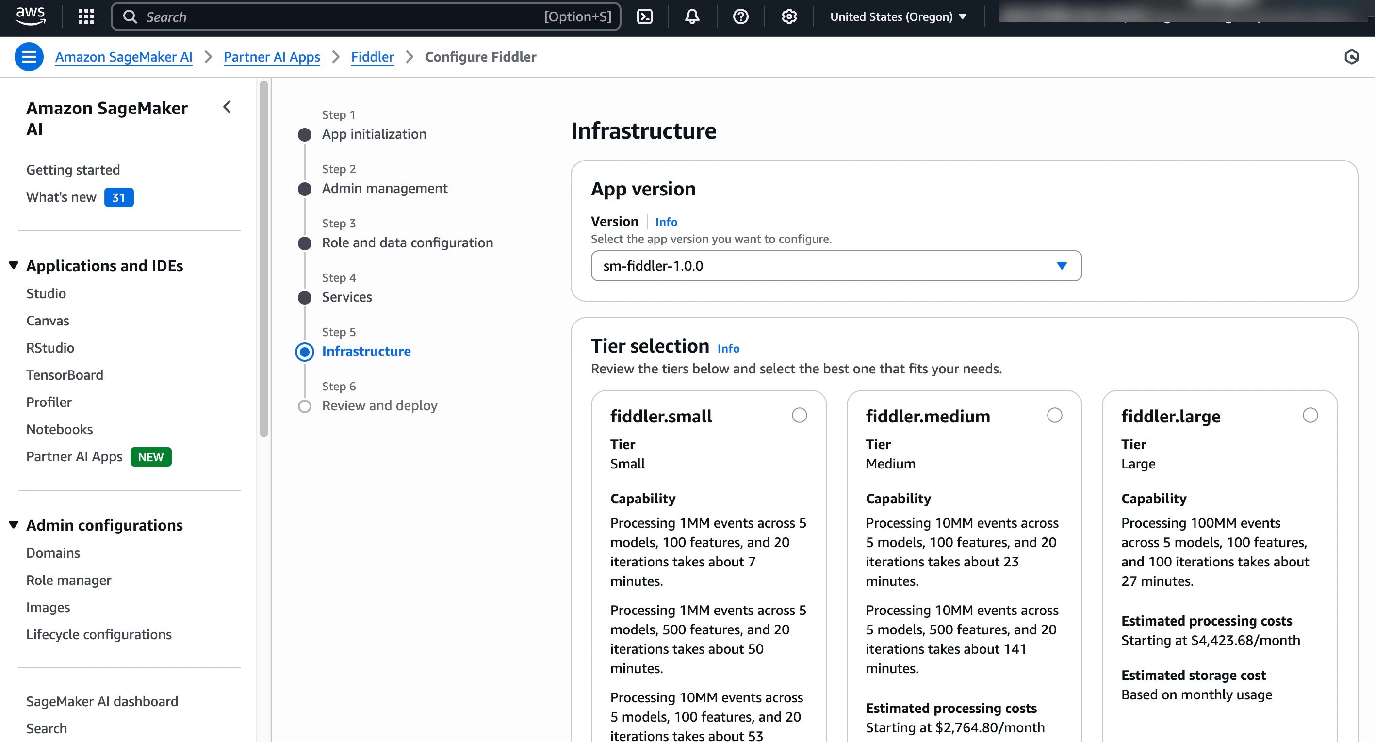 Step 5 of Fiddler Partner AI App provision and deploy wizard: choose infrastructure tier size