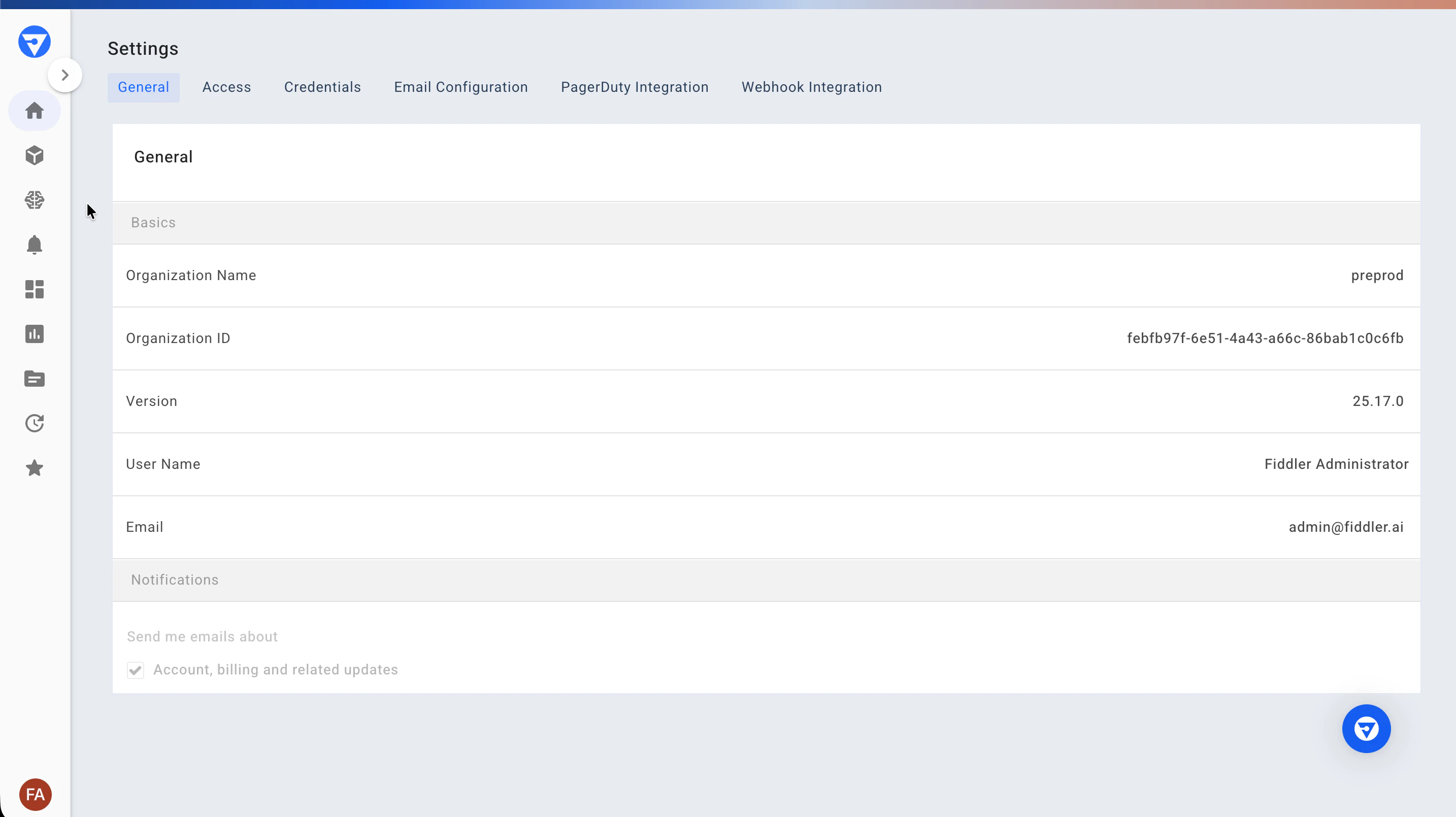 General tab of the Settings page.