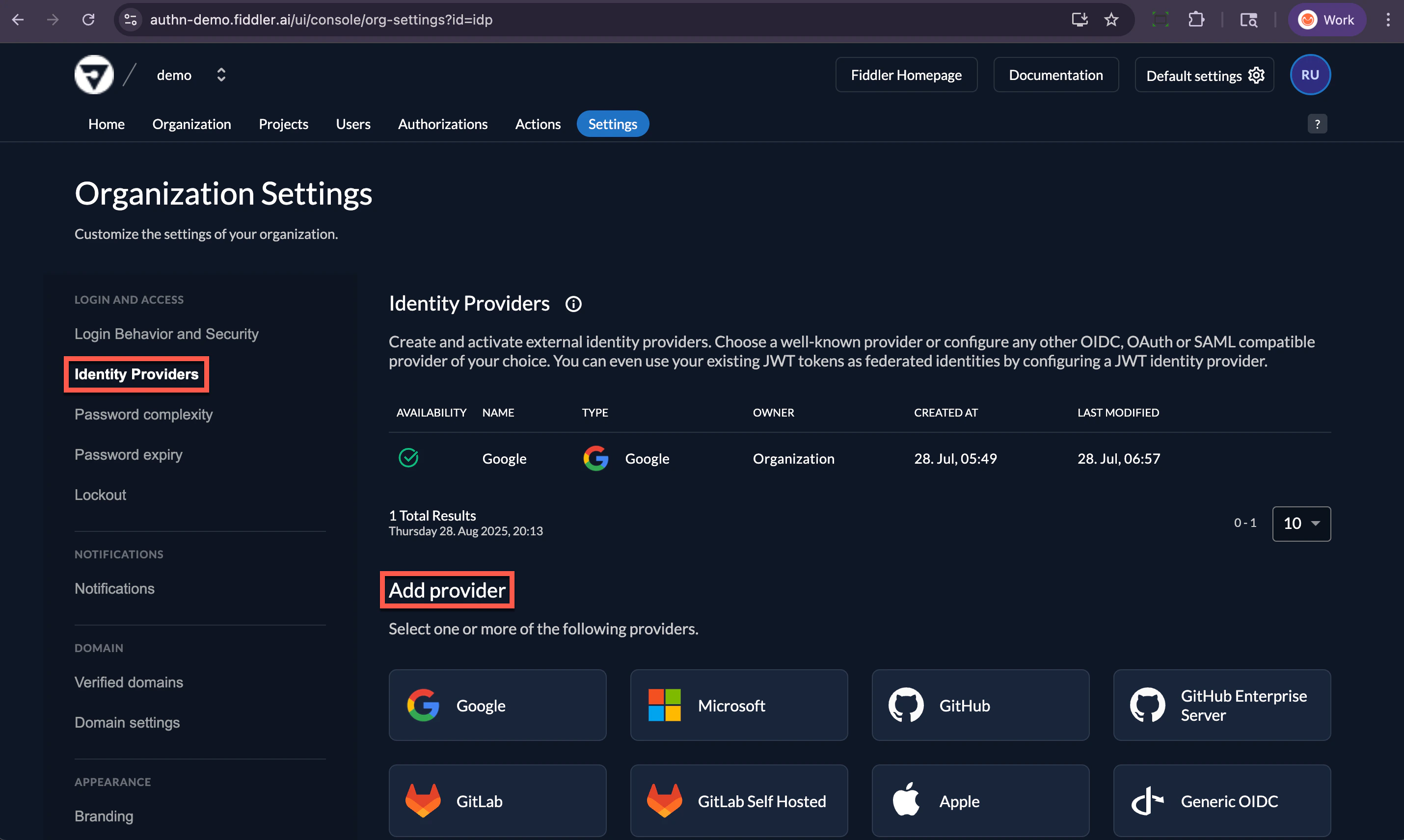 AuthN console org settings page