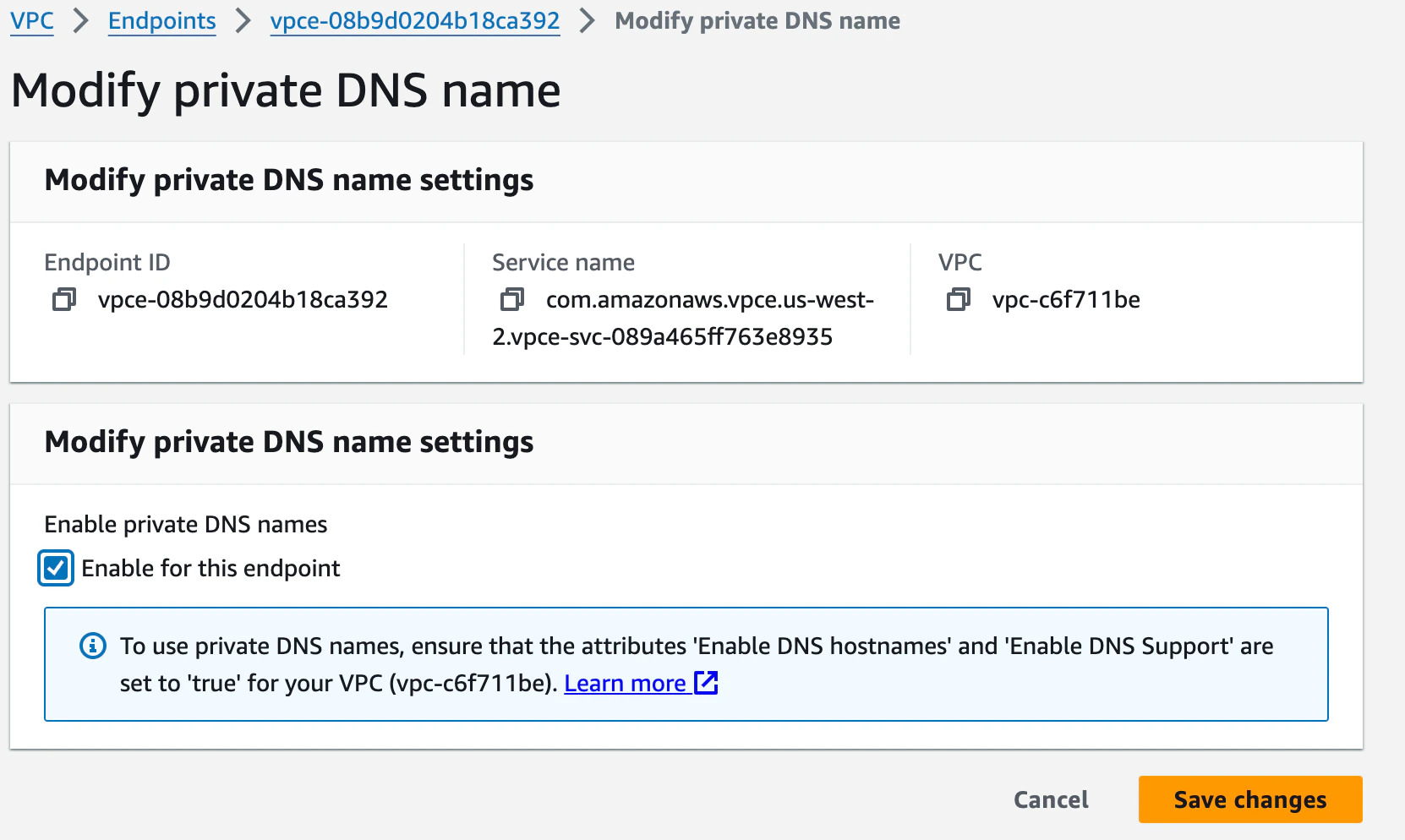 Modify the private DNS name