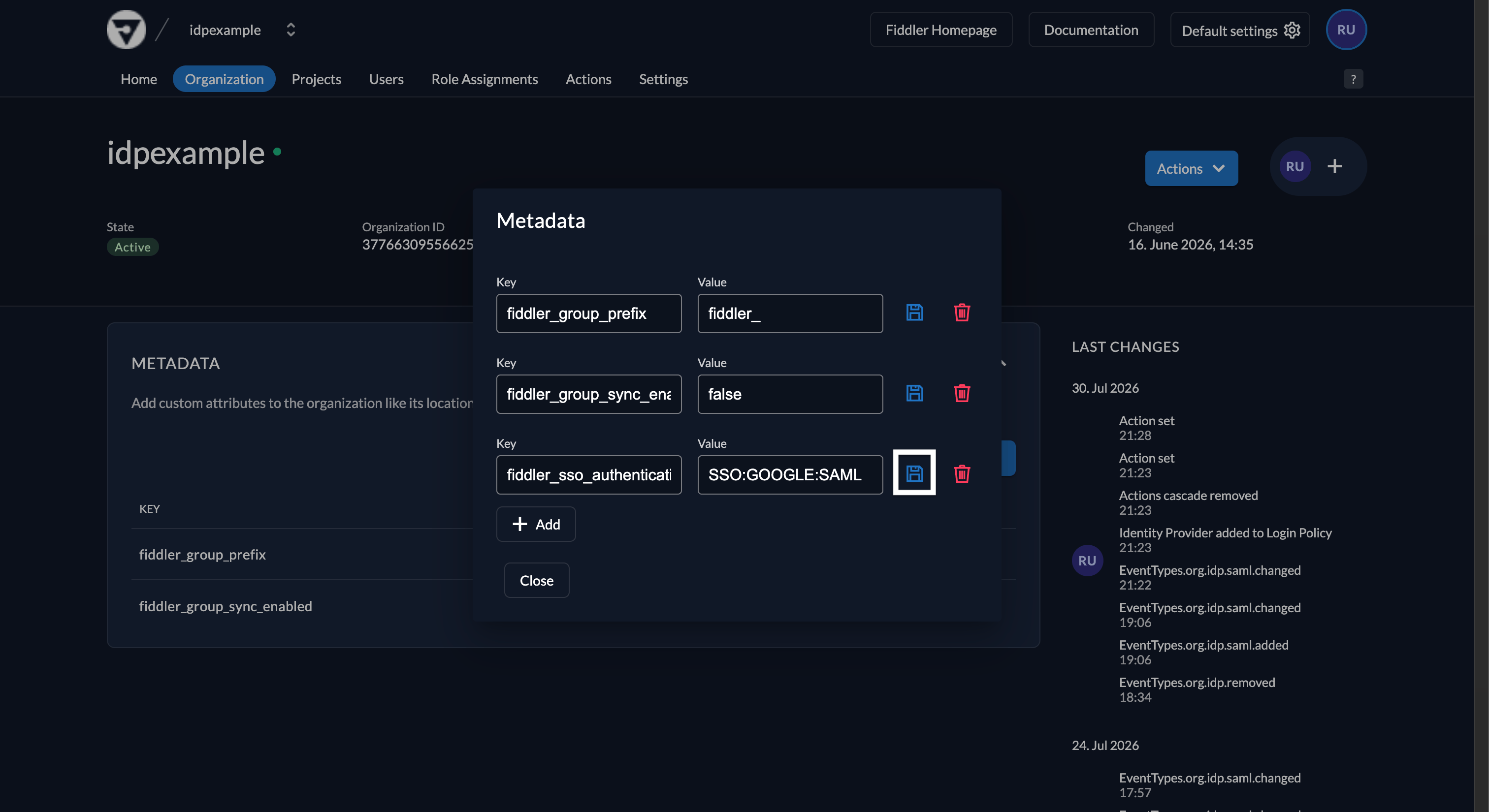 Fiddler AuthN console organization metadata with Google SAML authentication type
