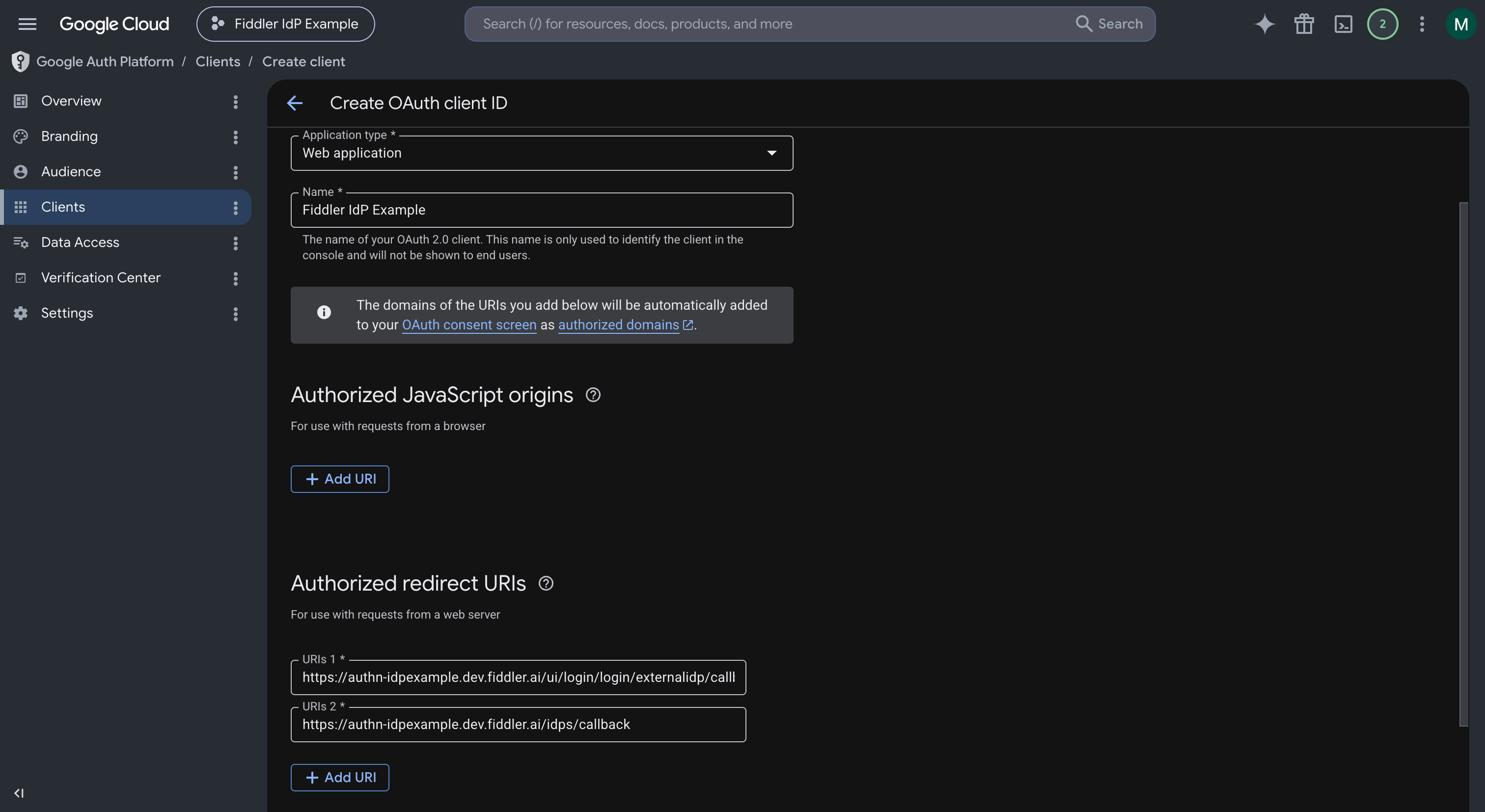 Google Cloud OAuth client name, type, and redirect URIs