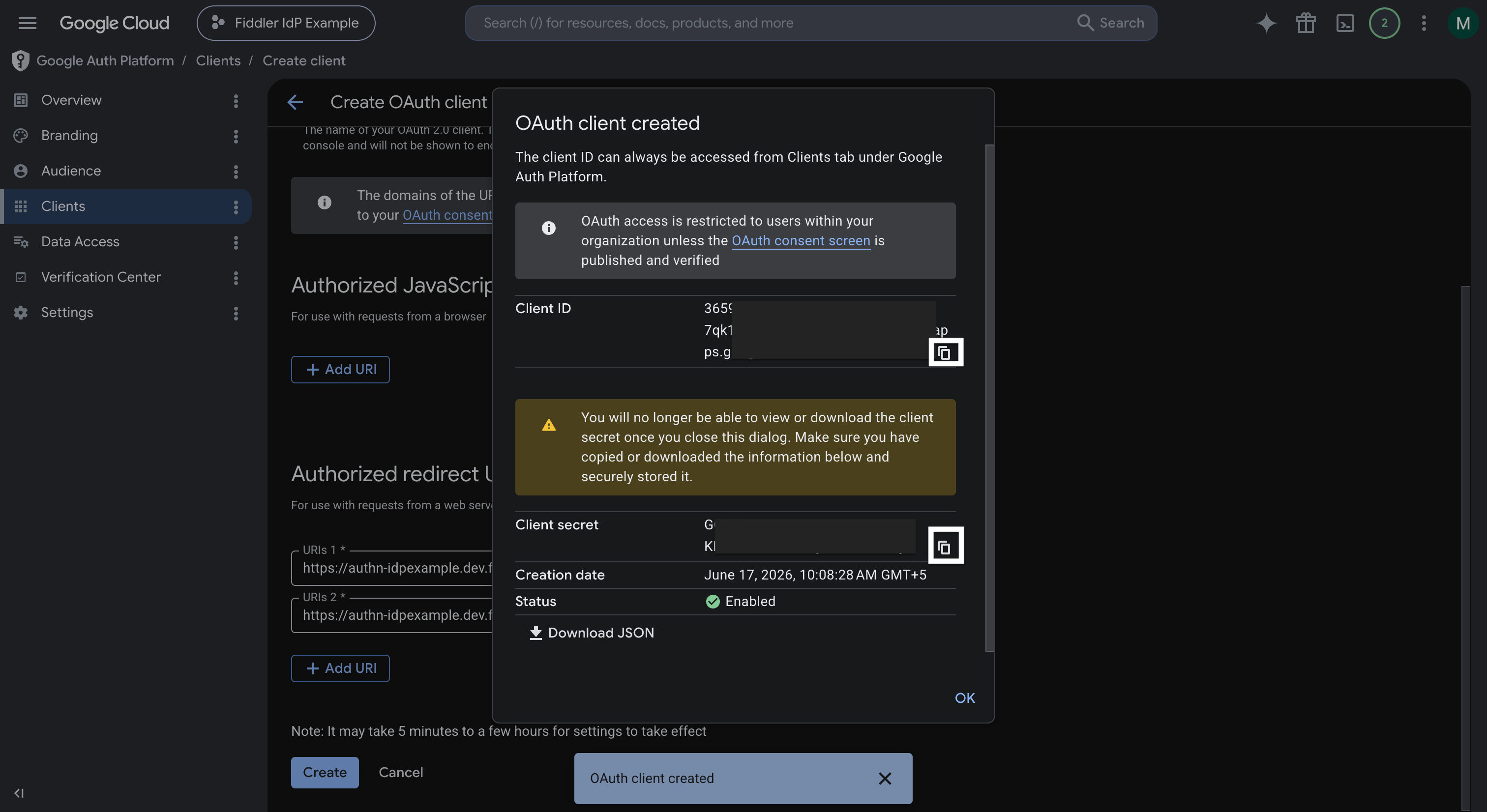 Google Cloud OAuth client credentials