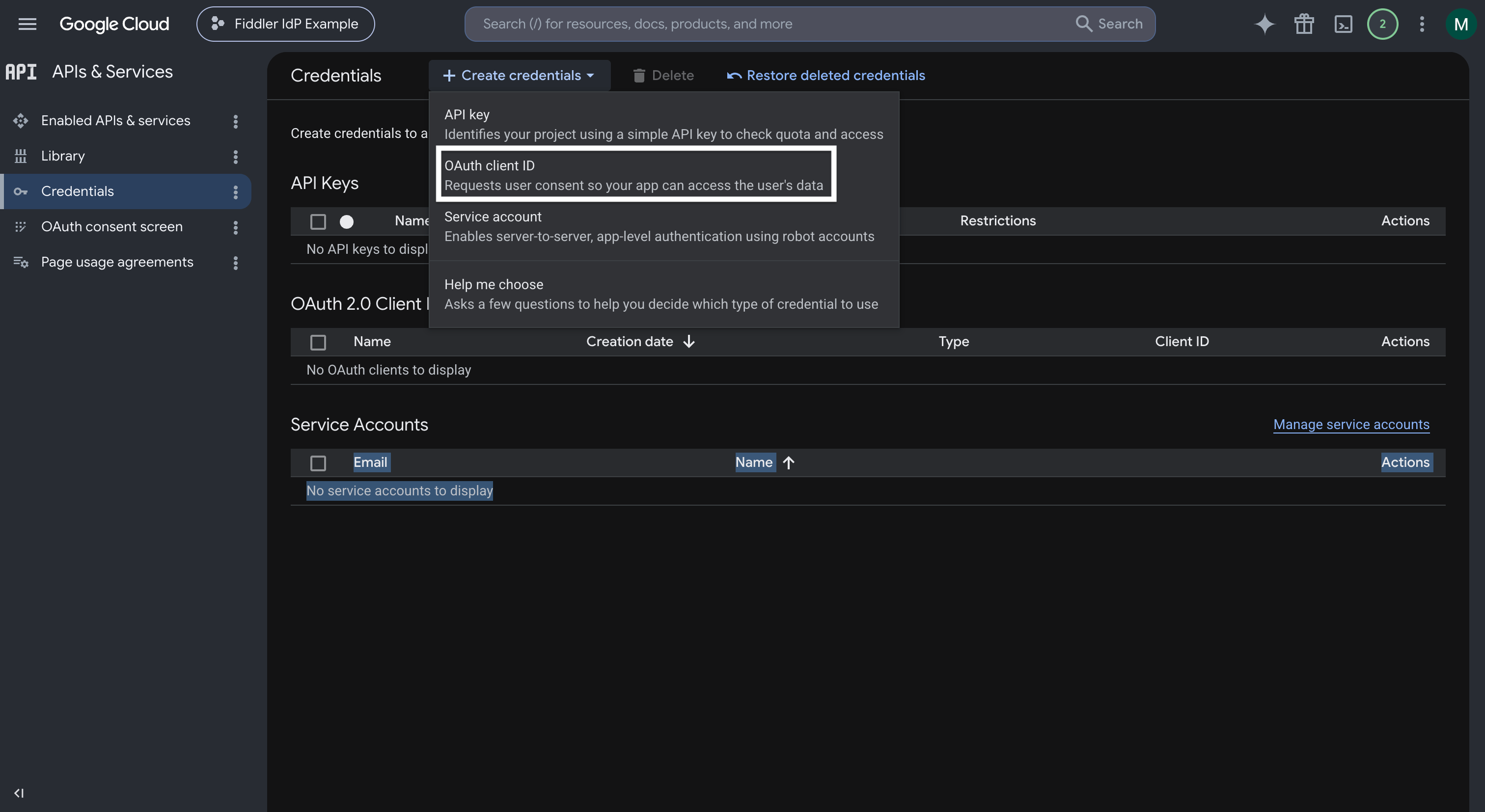 Google Cloud create OAuth client