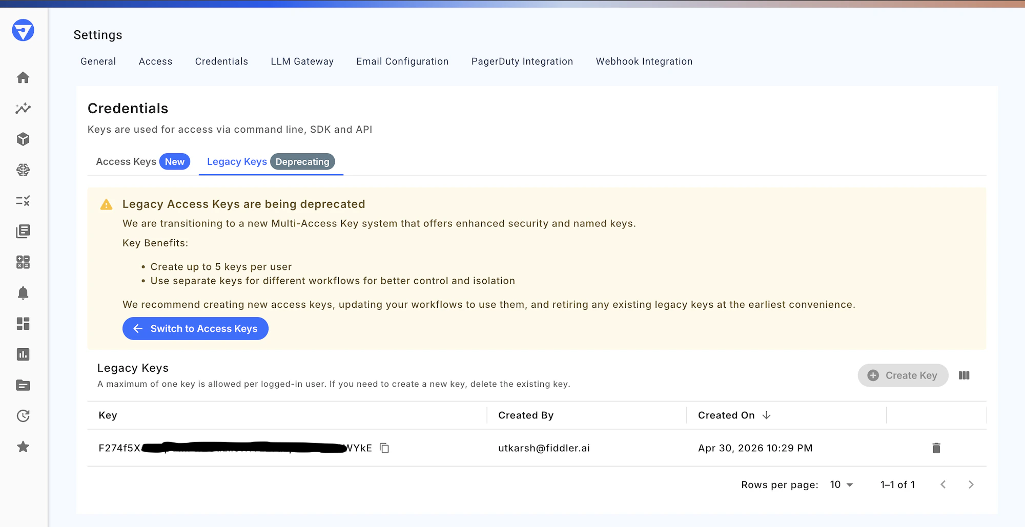 Legacy API key view for older deployments.
