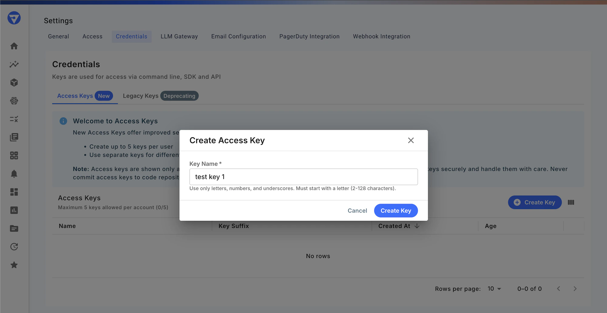 Create API key modal.