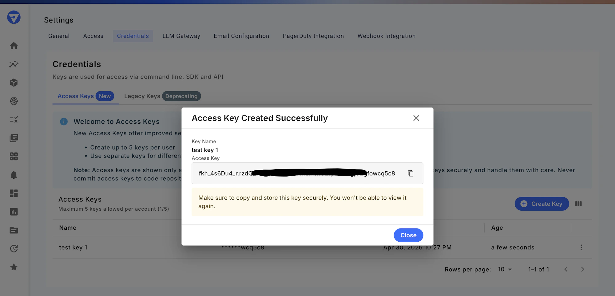 One-time API key displayed after creating a named API key.