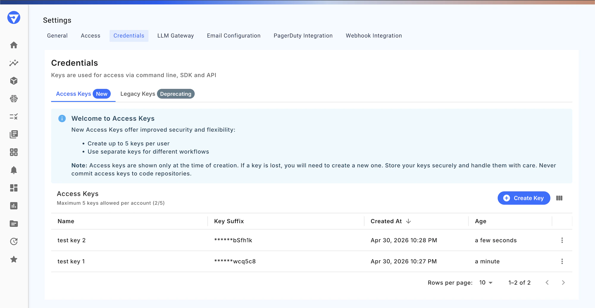 Credentials tab showing the list of named API keys.