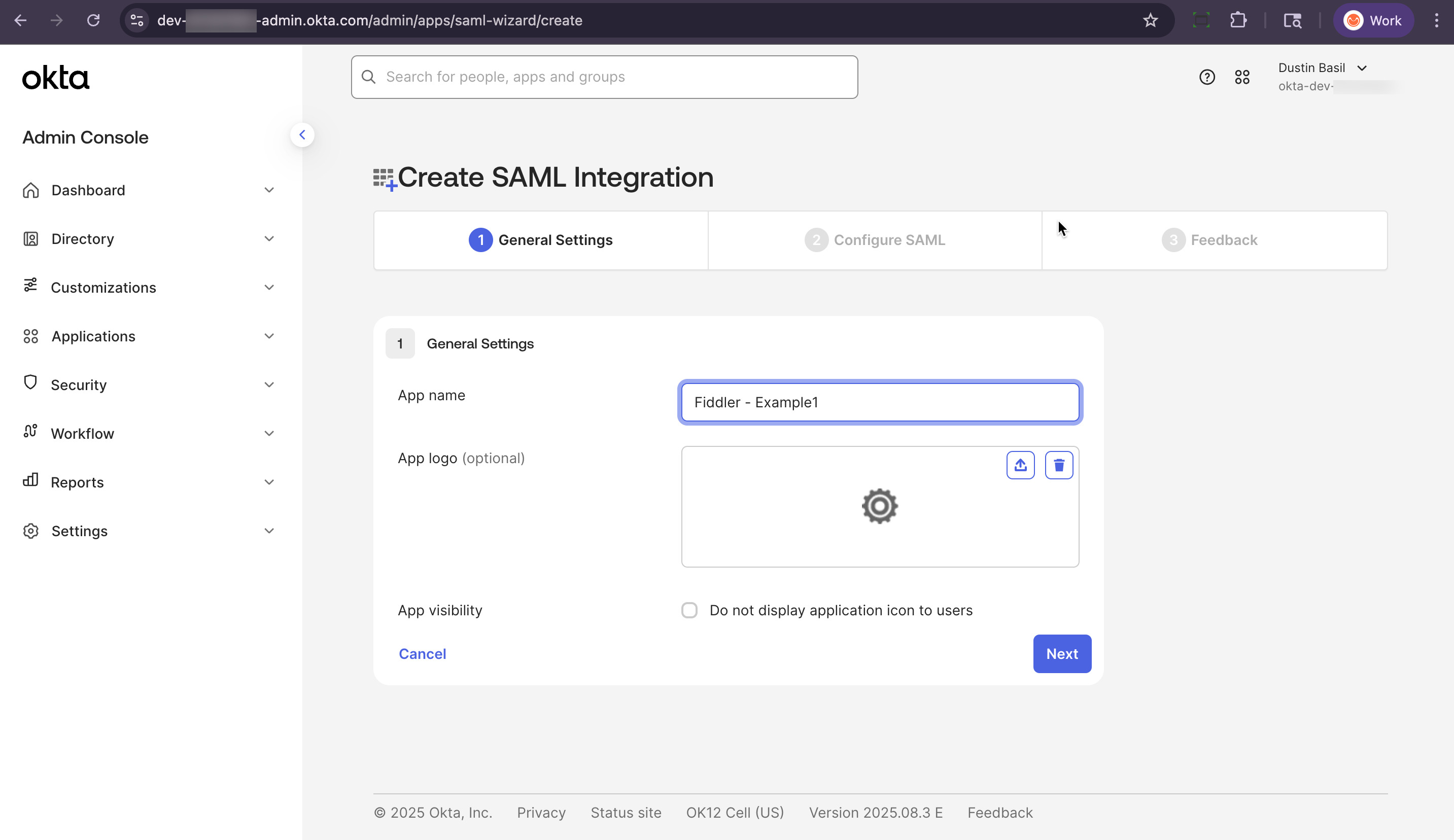 Okta admin console create a new app and set type