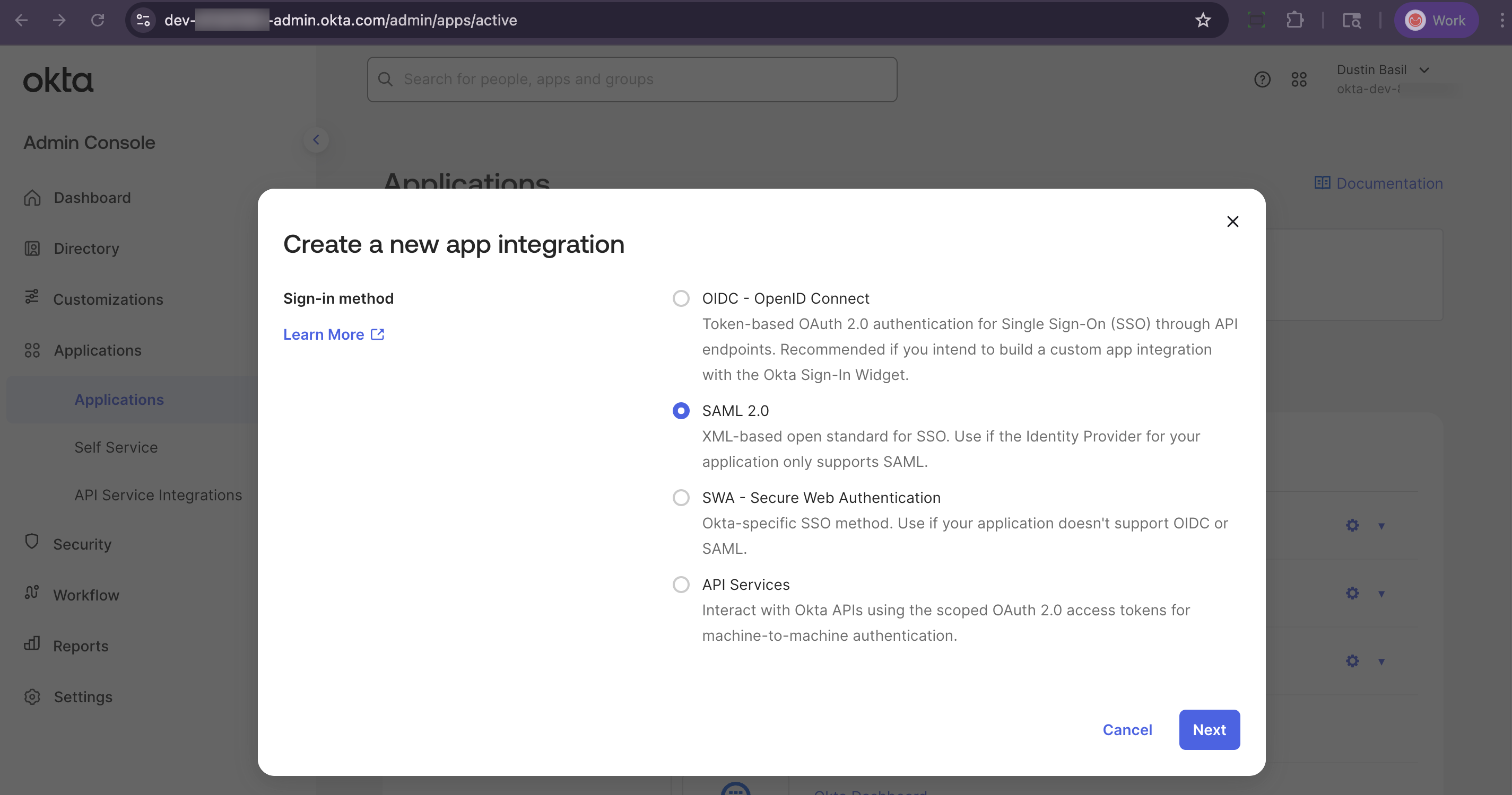 Okta admin console applications list