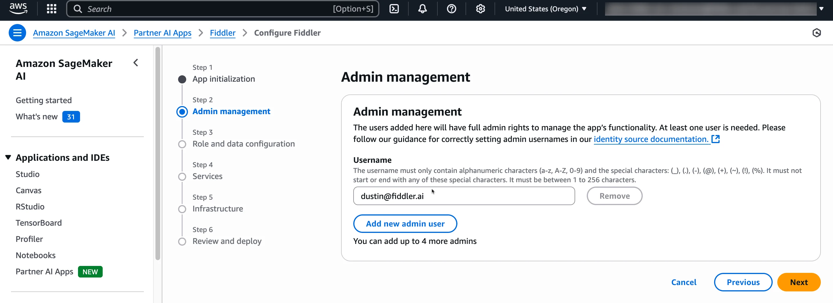 Step 2 of Fiddler Partner AI App provision and deploy wizard: add admin users