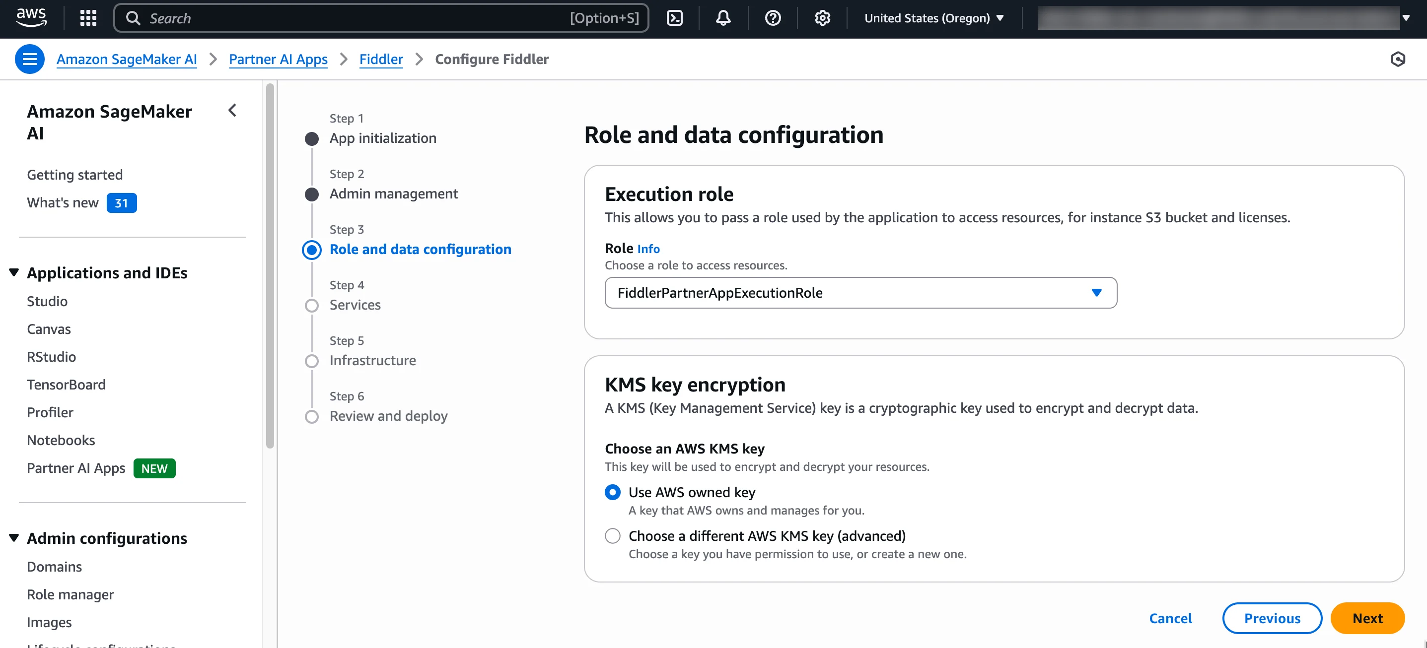 Step 3 of Fiddler Partner AI App provision and deploy wizard: select execution role