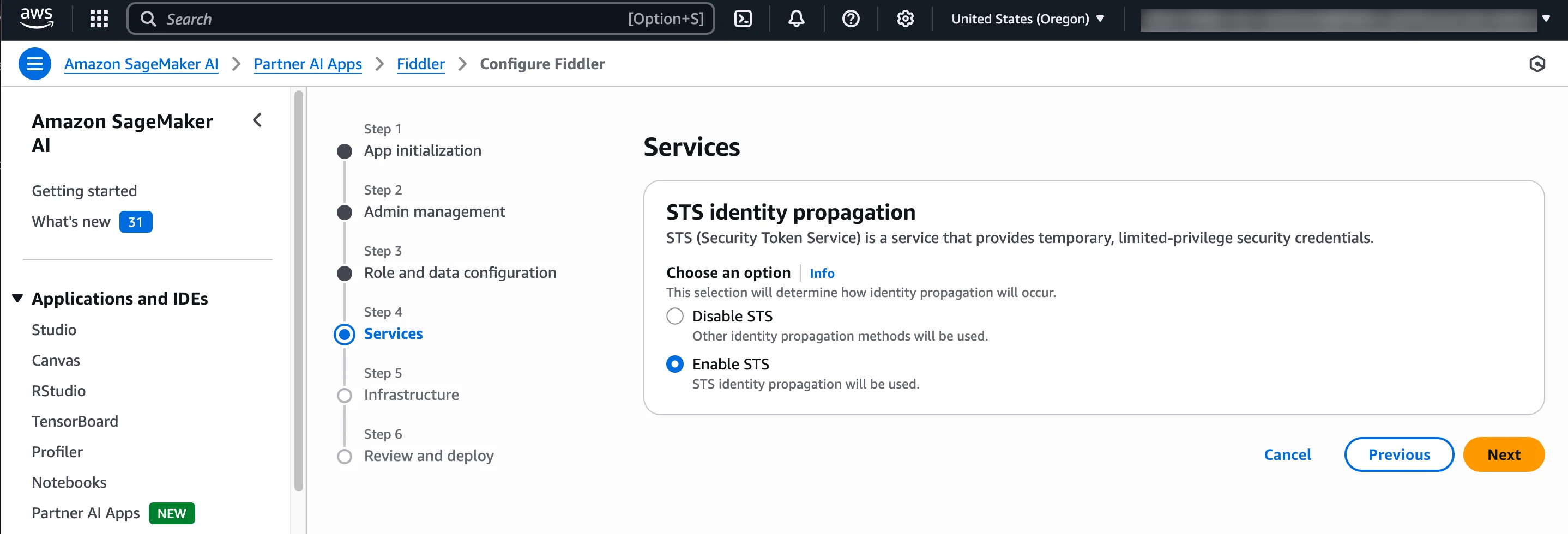 Step 4 of Fiddler Partner AI App provision and deploy wizard: STS identity option