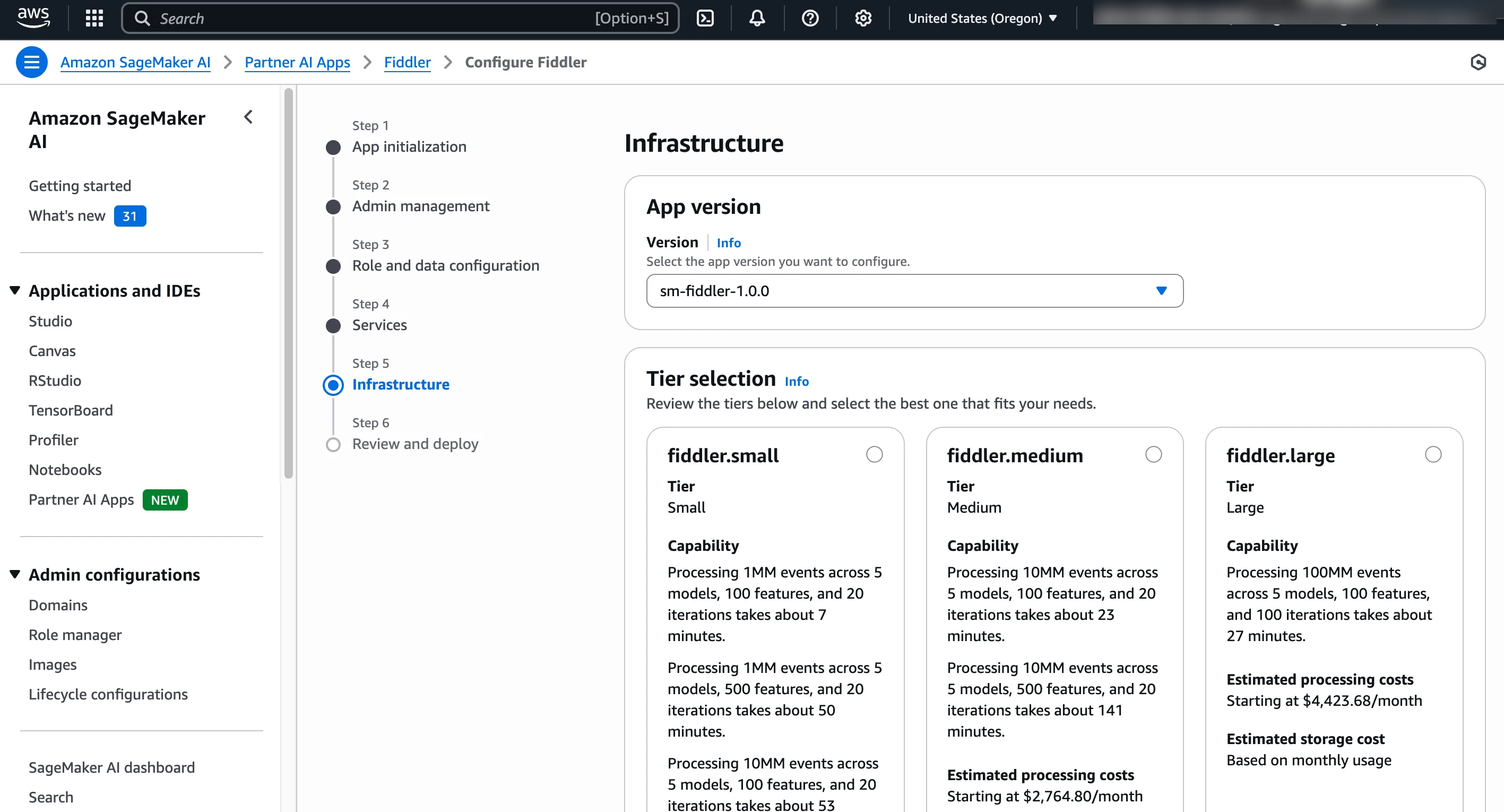 Step 5 of Fiddler Partner AI App provision and deploy wizard: choose infrastructure tier size