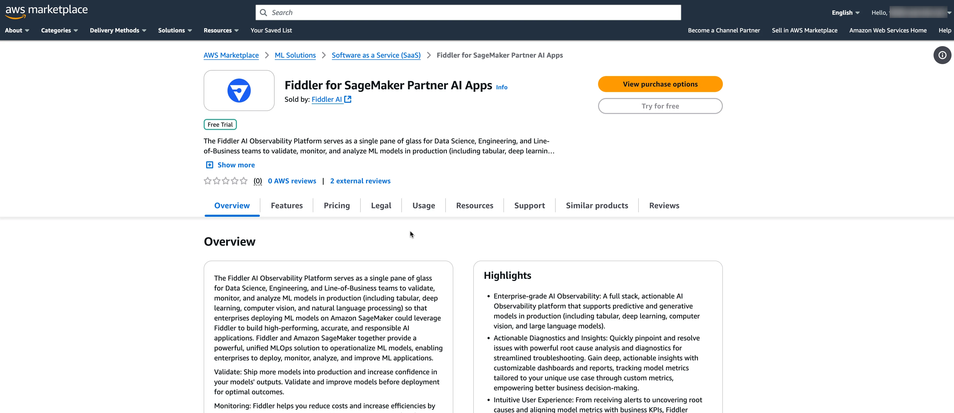 Fiddler Partner AI App page in AWS Marketplace