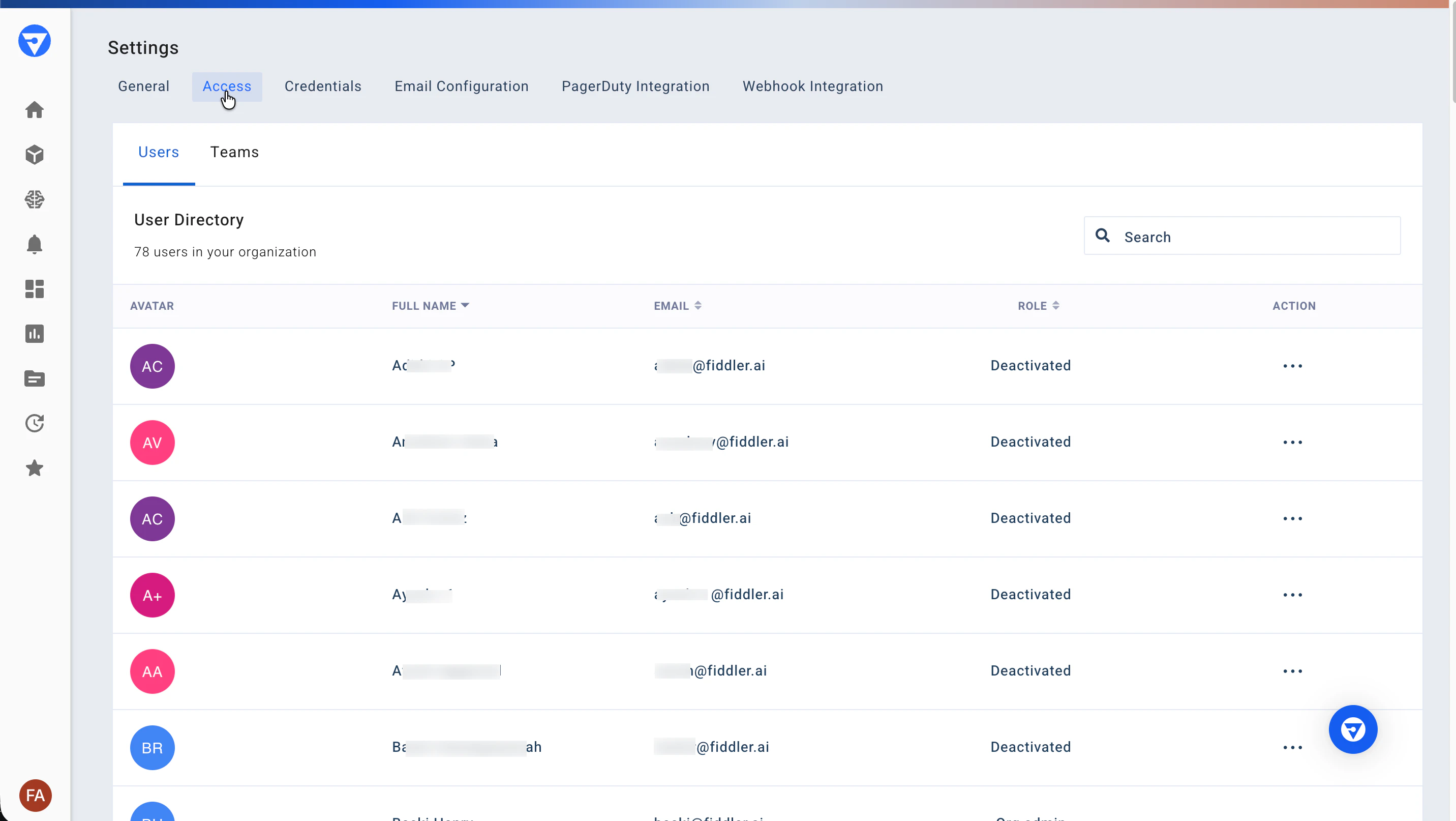 Users sub-tab of the Access tab on the Settings page showing a list of users.