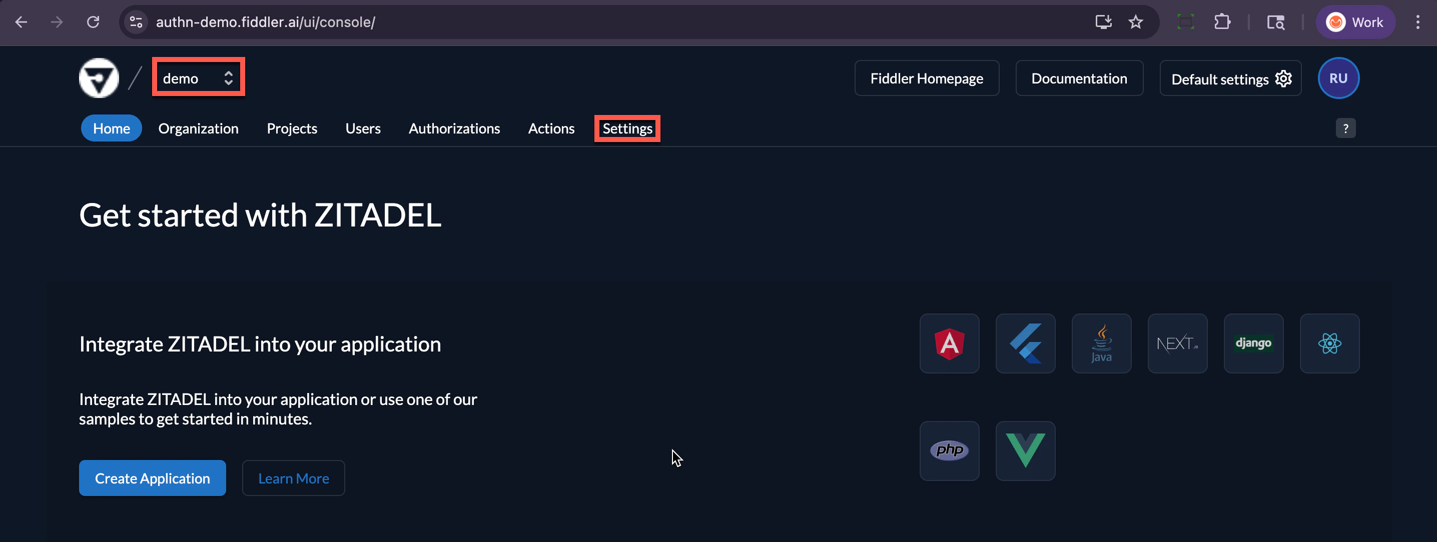 Fiddler AuthN console home page