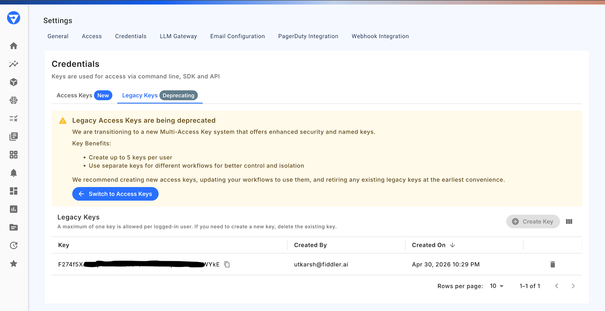 Legacy API key view for older deployments.