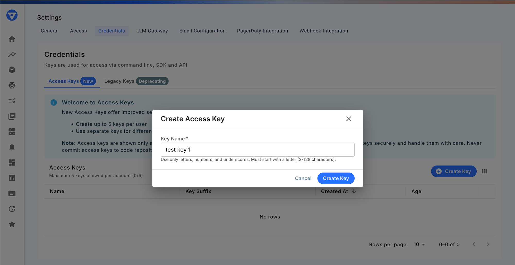 Create API key modal.