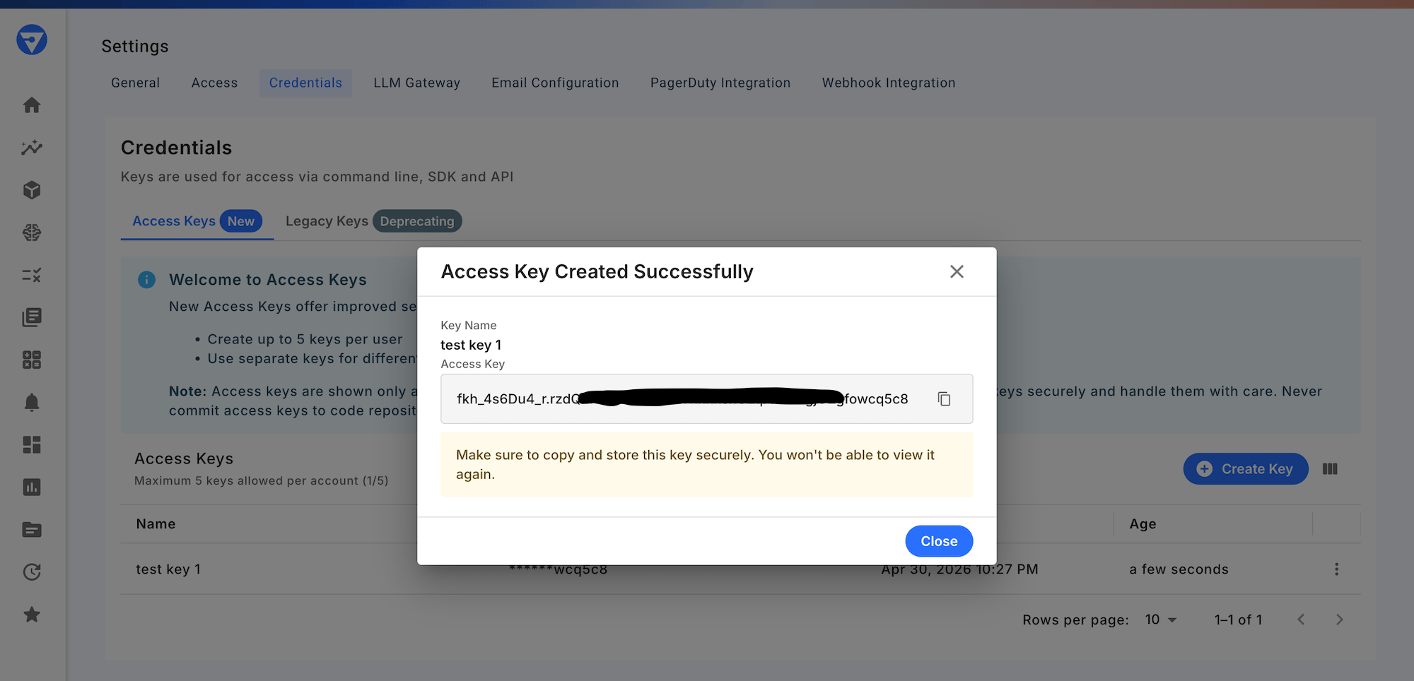 One-time API key displayed after creating a named API key.