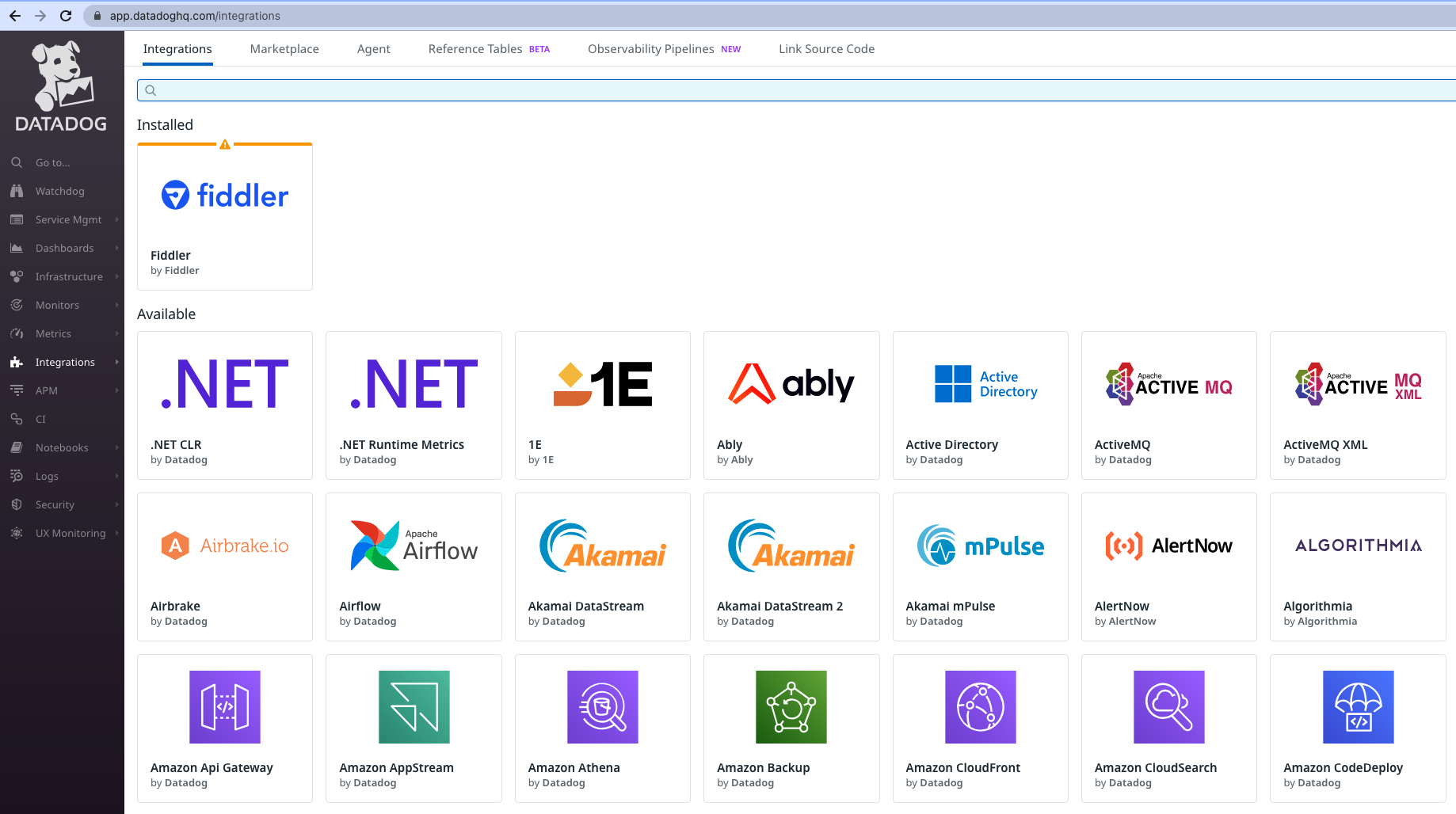 Fiddler displayed as installed in the Datadog marketplace Integrations tab
