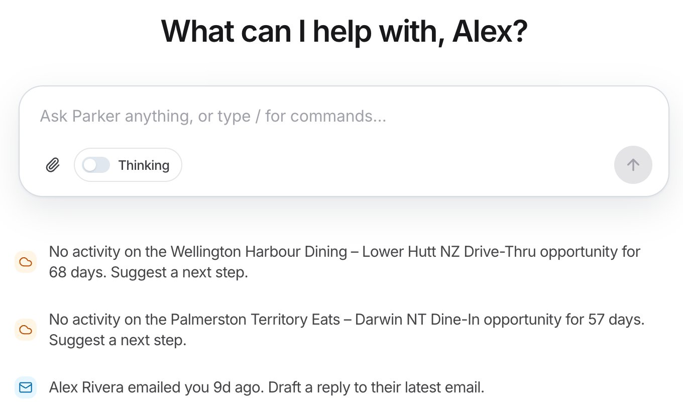 The message box with Attach, a Thinking switch, and a send button, with three suggested next steps below it.