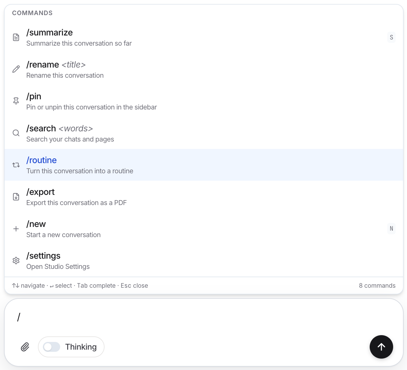 The Commands list above the message box, showing /summarize, /rename, /pin, /search, /routine, /export, /new, and /settings.