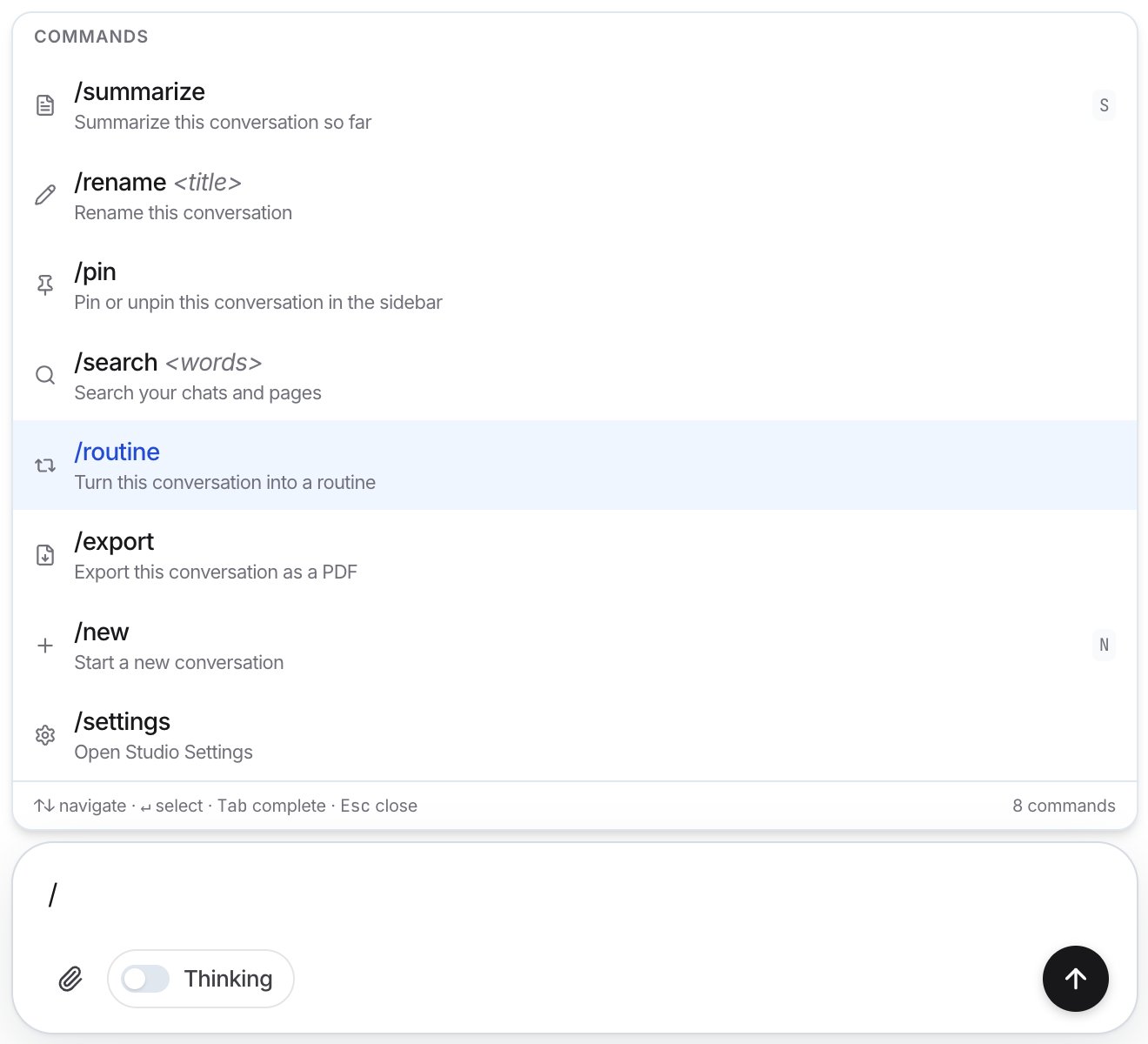 The Commands list above the message box, showing /summarize, /rename, /pin, /search, /routine, /export, /new, and /settings.