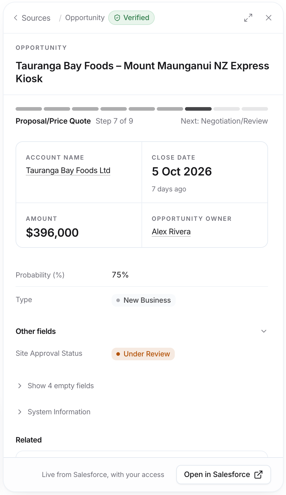 Opportunity record panel with a stage progress bar, Account Name, Close Date, Amount, Opportunity Owner, other fields, and Open in Salesforce.