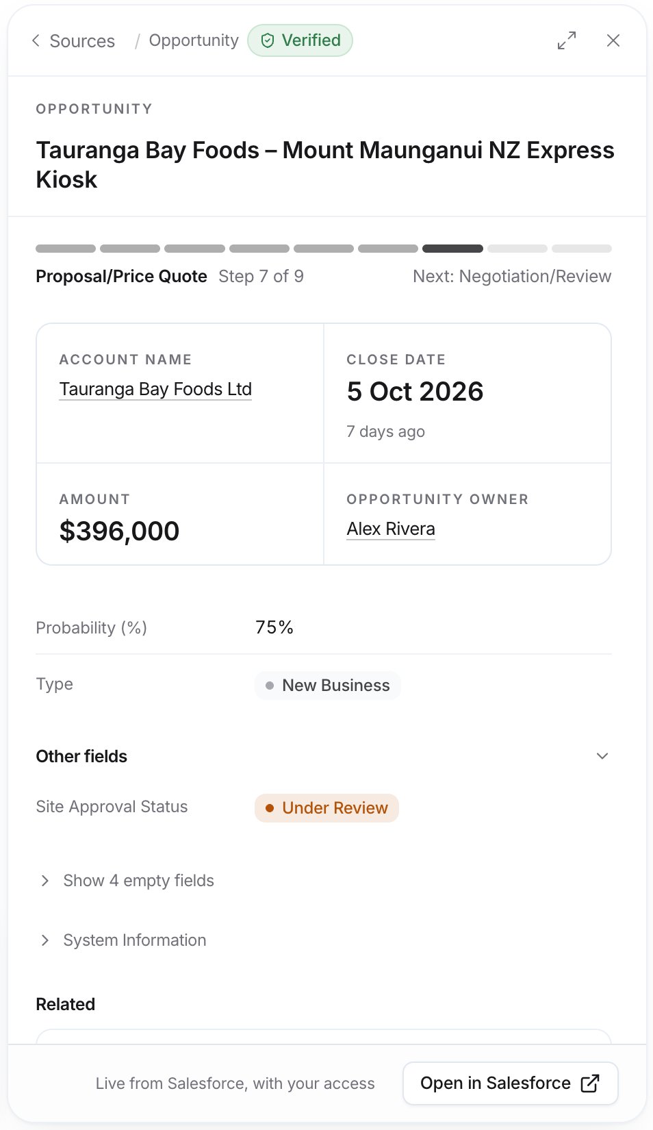 Opportunity record panel with a stage progress bar, Account Name, Close Date, Amount, Opportunity Owner, other fields, and Open in Salesforce.