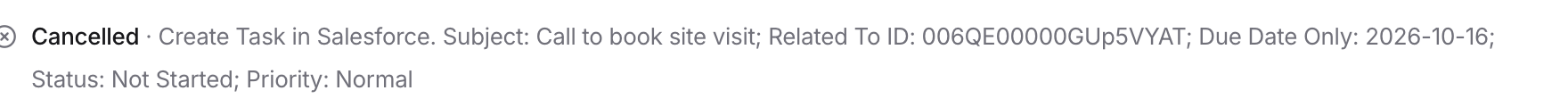 A line reading Cancelled followed by the Create Task in Salesforce description.