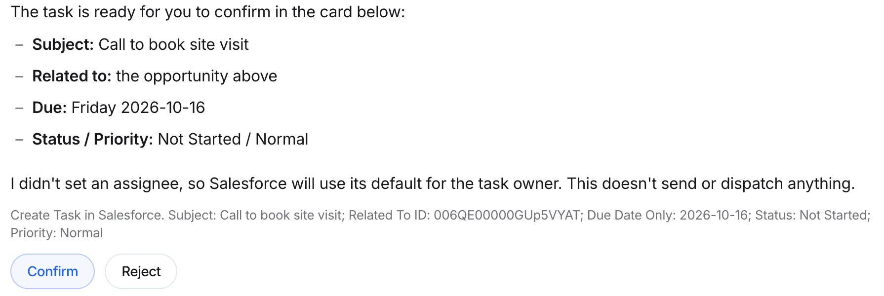 A proposed Salesforce task with subject, related opportunity, due date, and status, followed by Confirm and Reject buttons.