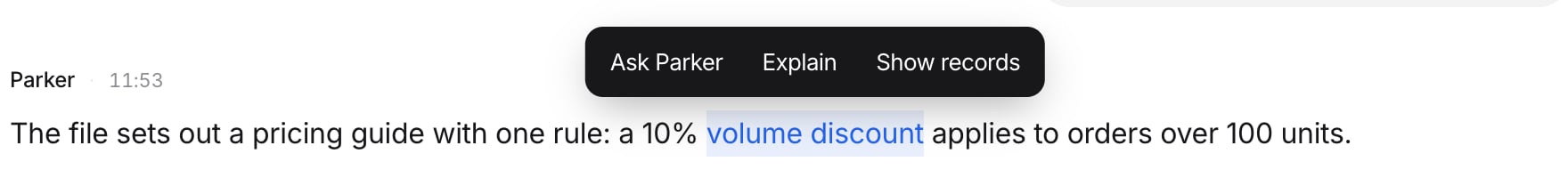 Selected words in Parker's answer with a toolbar above them showing Ask Parker, Explain, and Show records.