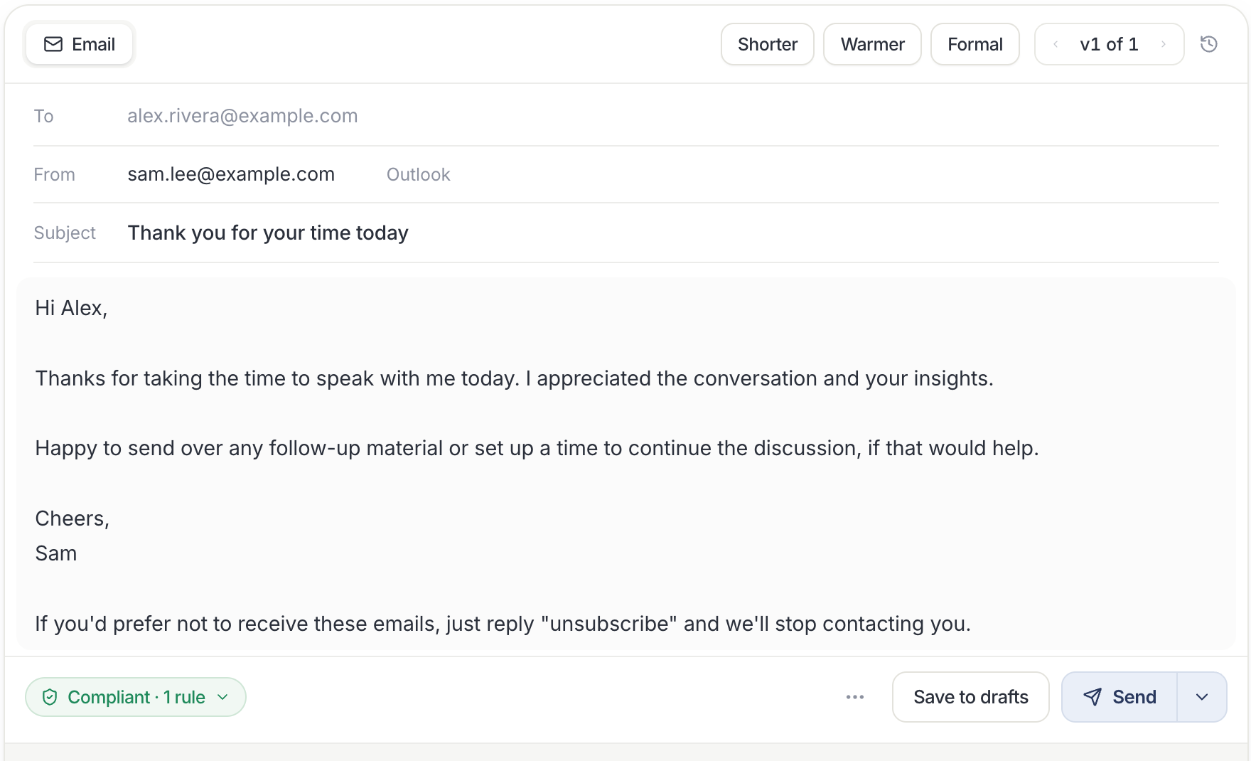 Email draft card with To, From, Subject, and body, a Compliant badge, and Save to drafts and Send buttons.