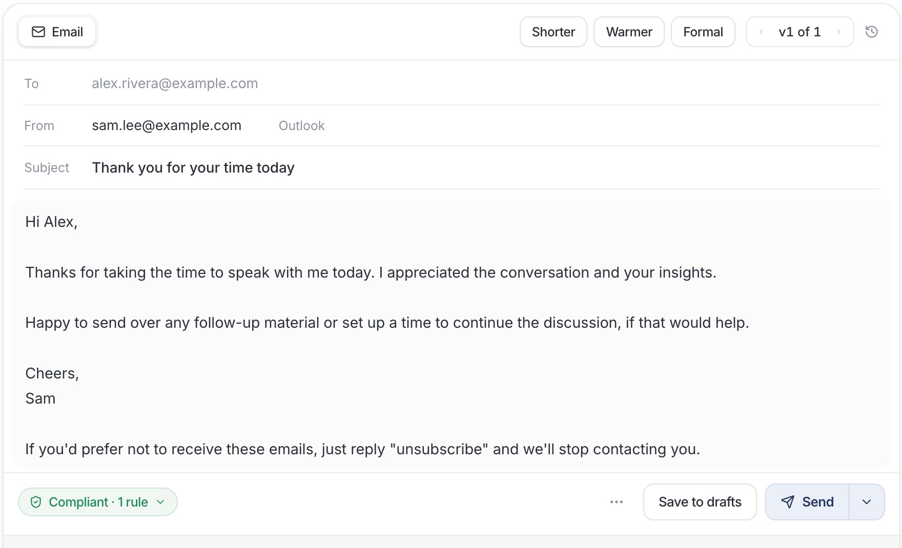 Email draft card with To, From, Subject, and body, a Compliant badge, and Save to drafts and Send buttons.