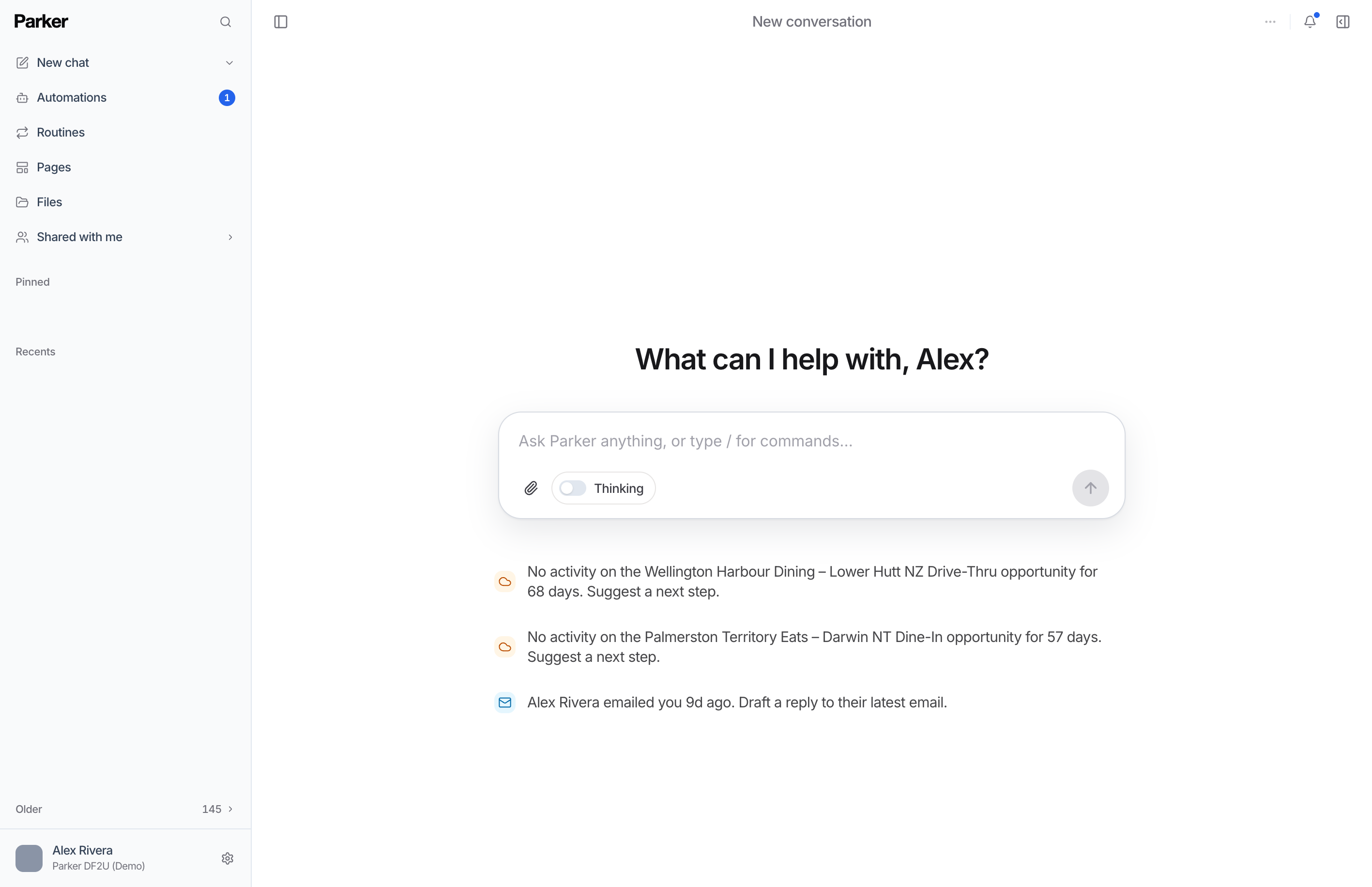 Parker's new chat screen: the sidebar with New chat, Automations, Routines, Pages, and Files, and a chat box with suggested next steps.