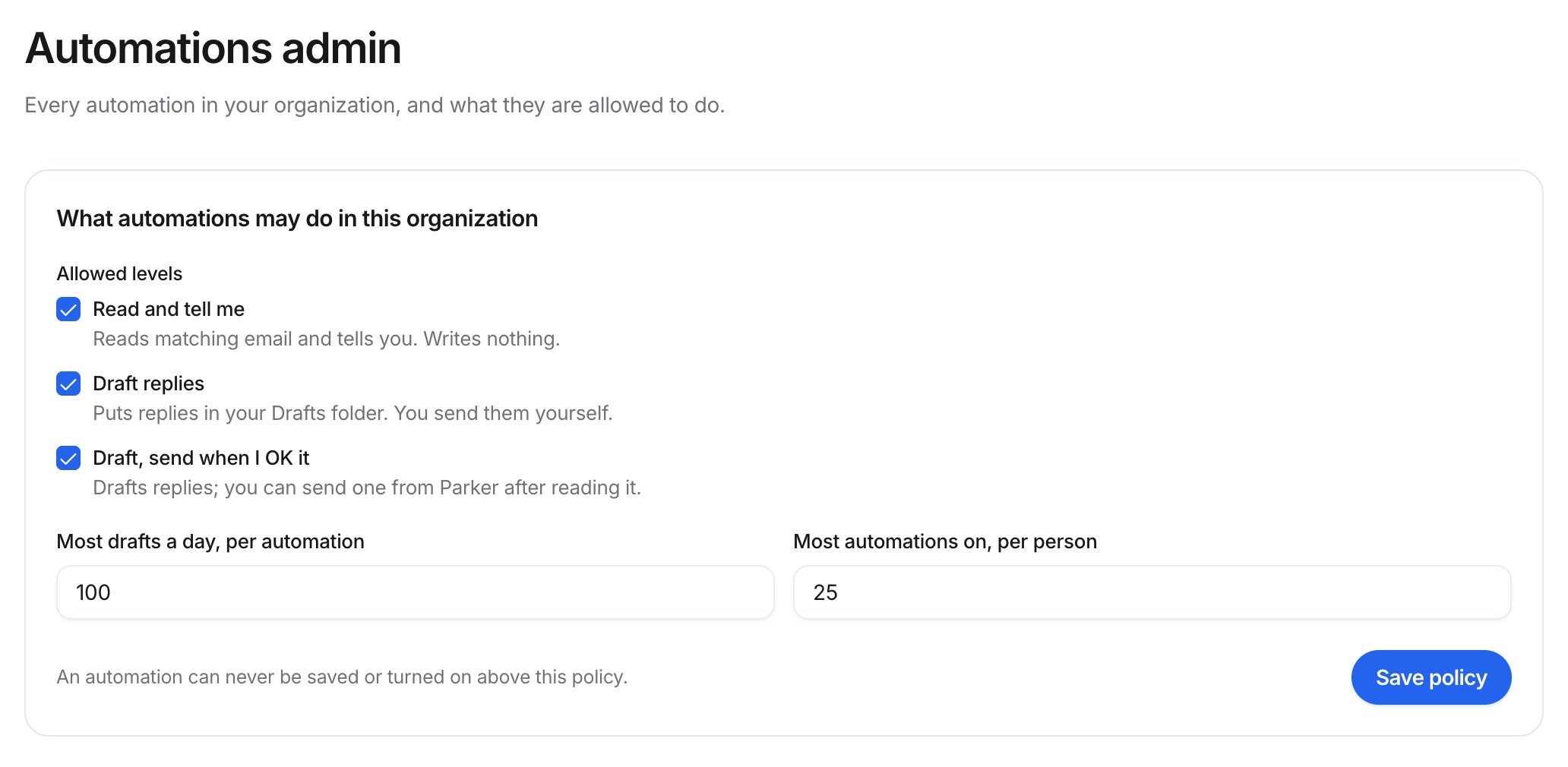 What automations may do card with three allowed levels checked, limits for drafts a day and automations per person, and Save policy.