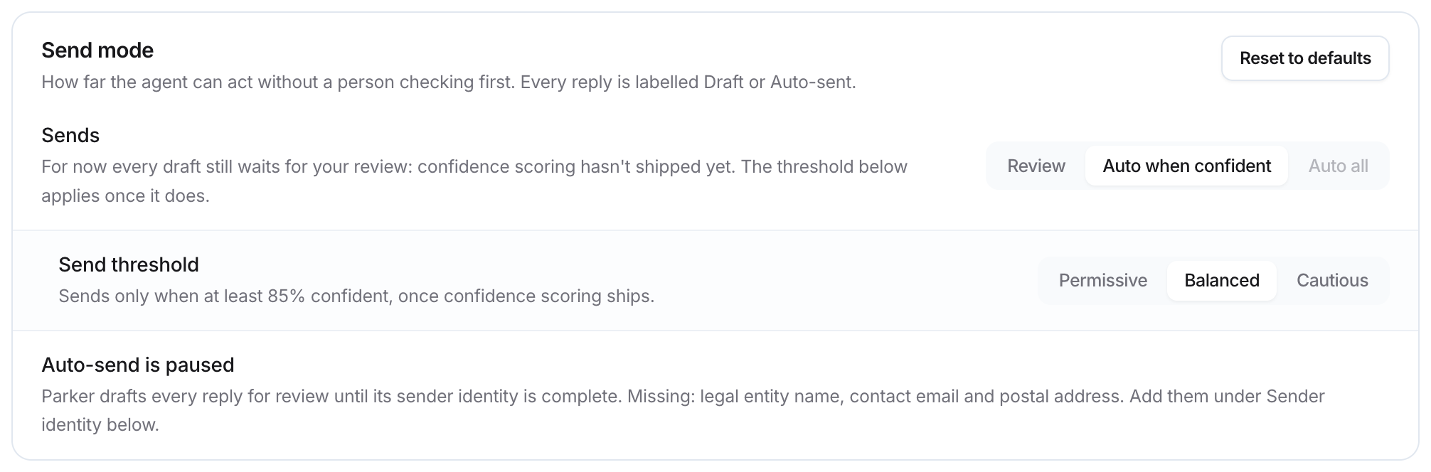 Send mode group showing the Sends row, the Send threshold row set to Balanced, and the Auto-send is paused notice.