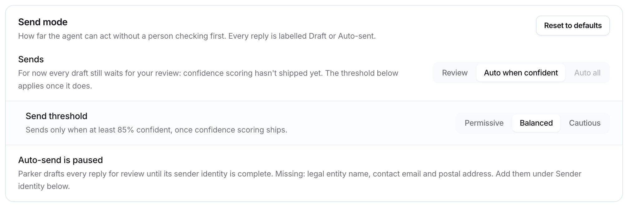 Send mode group showing the Sends row, the Send threshold row set to Balanced, and the Auto-send is paused notice.