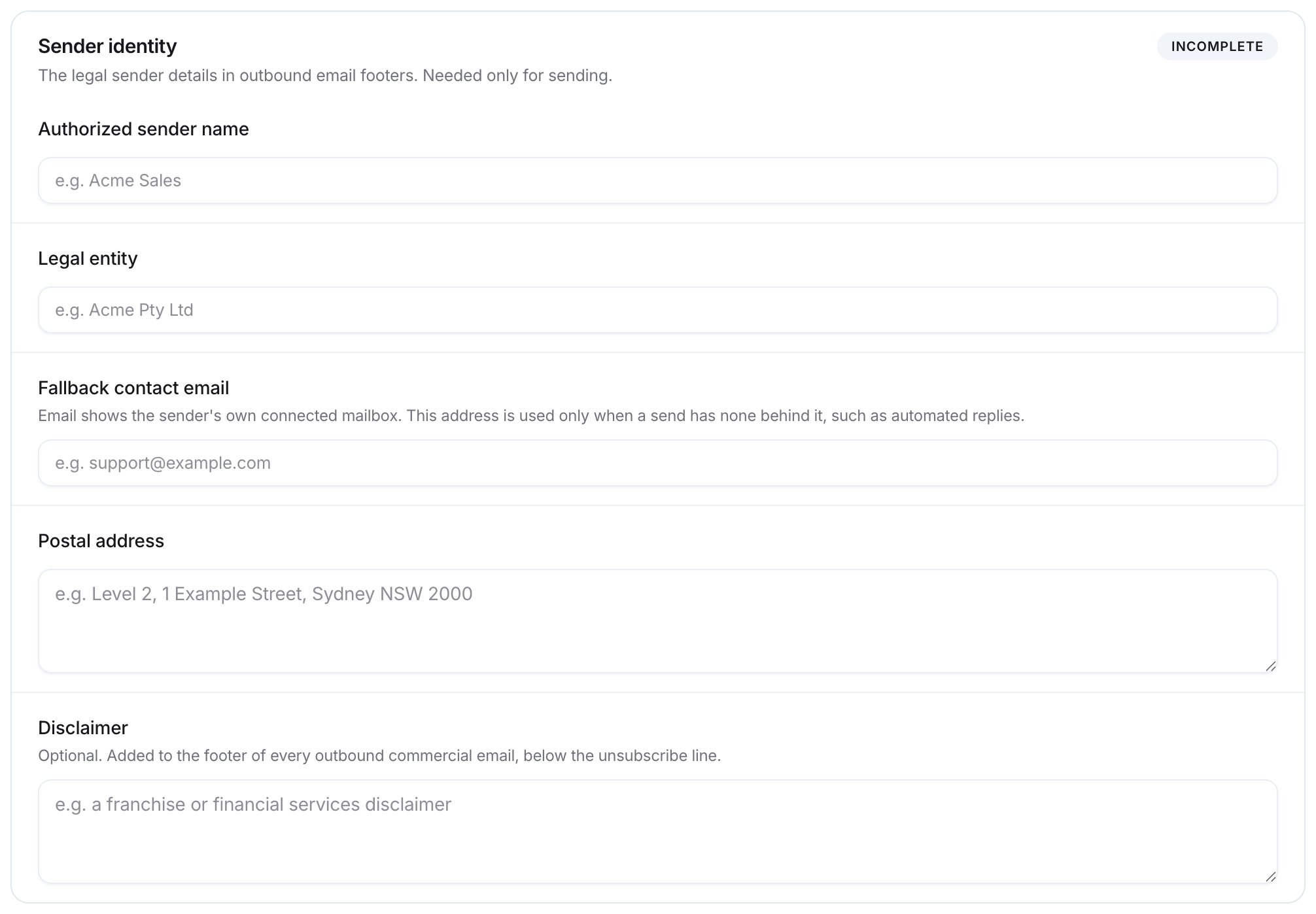Sender identity group marked Incomplete, with Authorized sender name, Legal entity, Fallback contact email, Postal address, and Disclaimer fields.